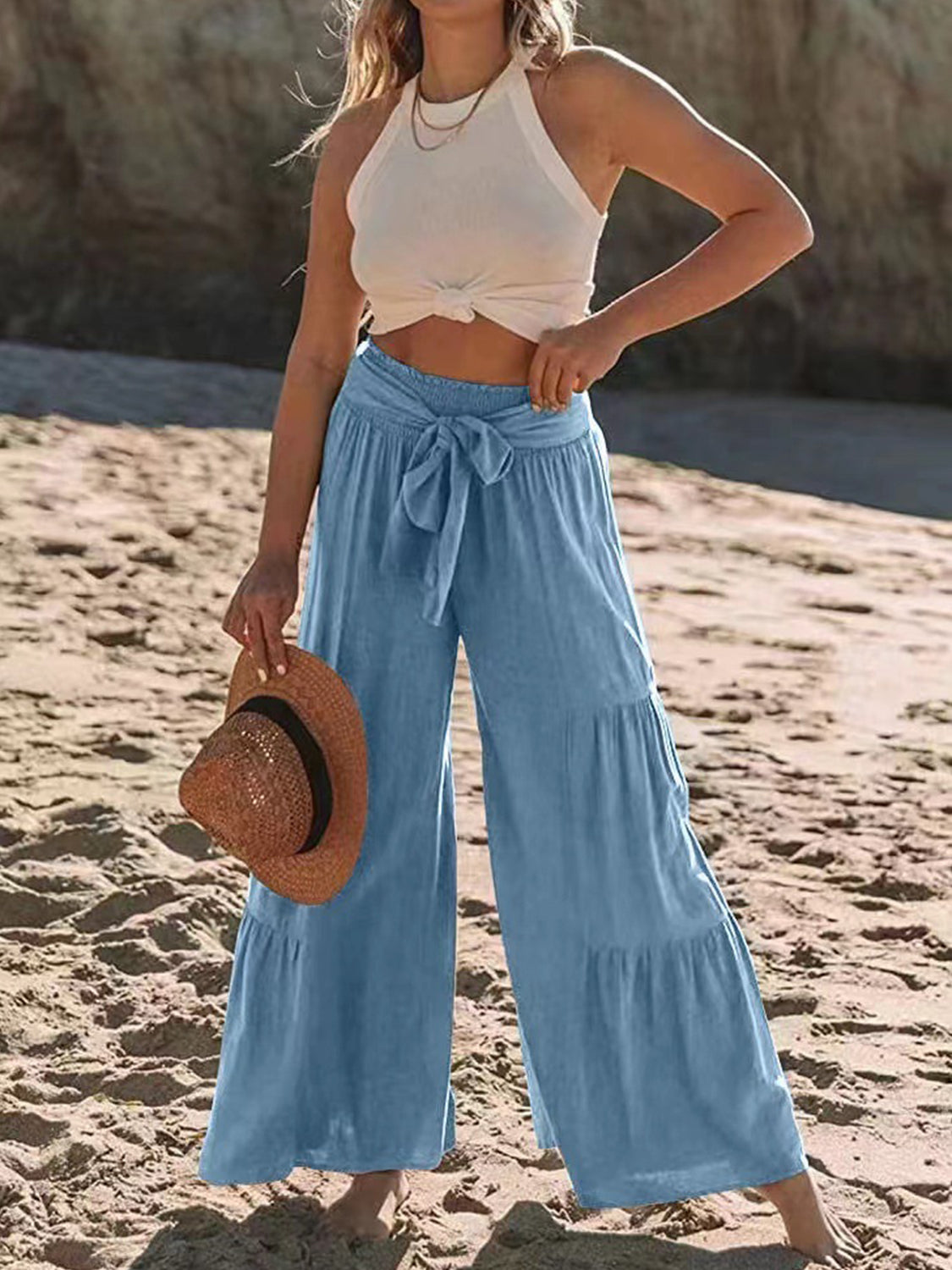 Blue Zone Planet | Tied Ruched Wide Leg Pants-BOTTOMS SIZES SMALL MEDIUM LARGE-[Adult]-[Female]-2022 Online Blue Zone Planet