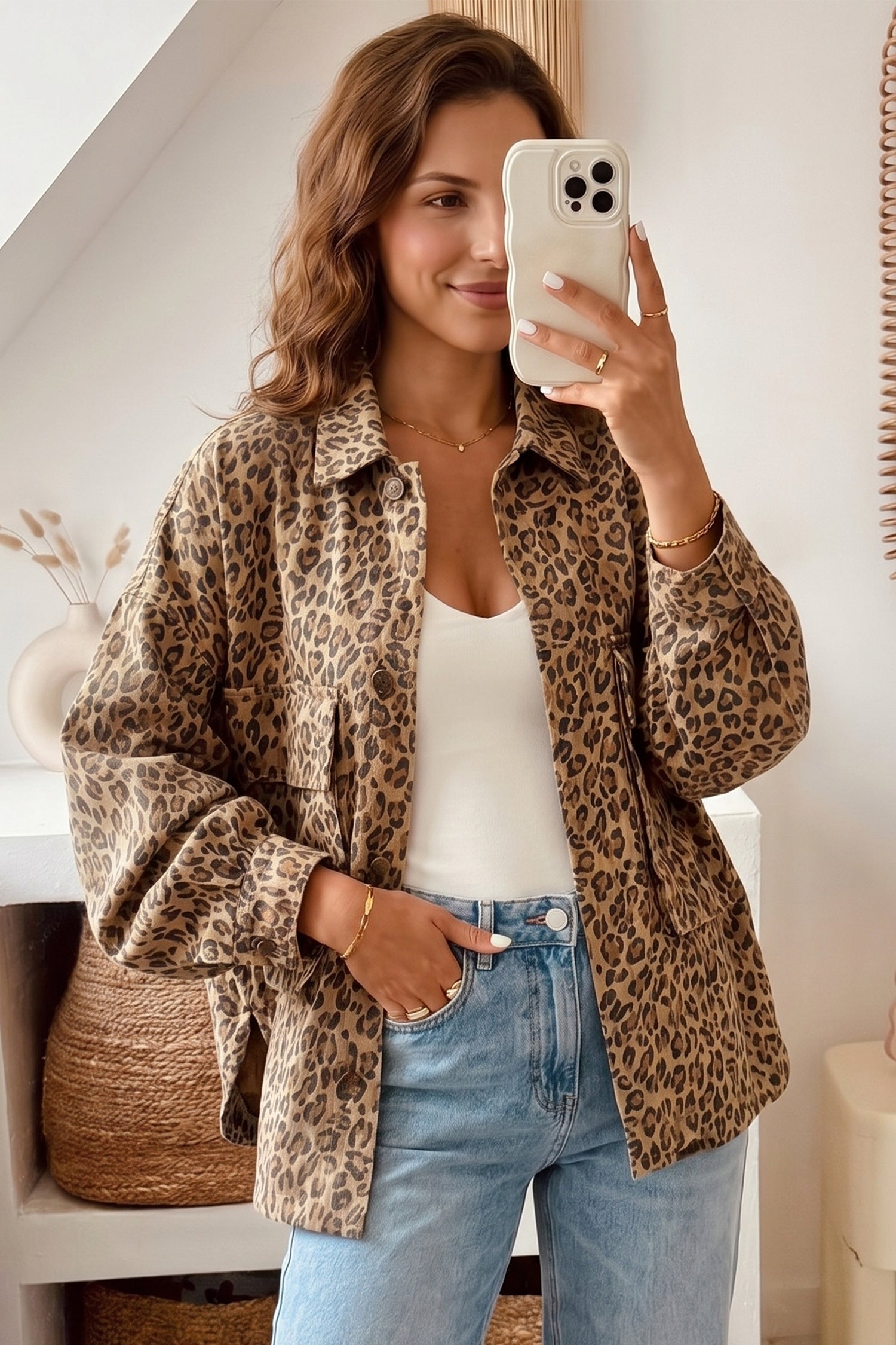 Khaki Leopard Print Collar Long Sleeve Patch Pocket Shift Denim Jacket-Outerwear/Denim jackets-[Adult]-[Female]-2022 Online Blue Zone Planet