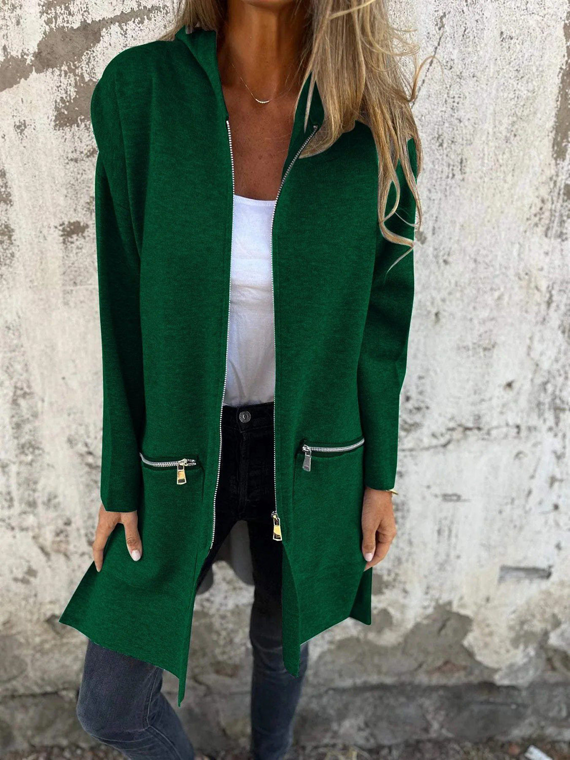 Full Size Zip Up Drop Shoulder Longline Hooded Jacket-TOPS / DRESSES-[Adult]-[Female]-Dark Green-S-2022 Online Blue Zone Planet