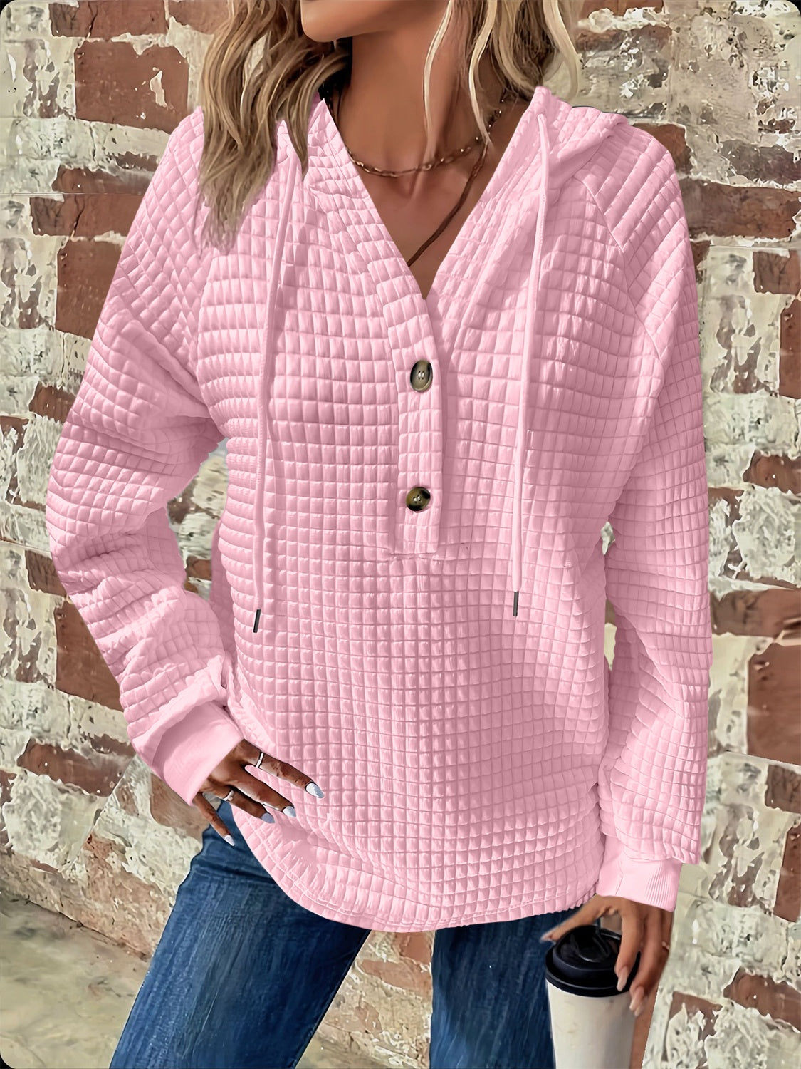 Full Size Texture Button Detail Drawstring Long Sleeve Hoodie-TOPS / DRESSES-[Adult]-[Female]-Blush Pink-S-2022 Online Blue Zone Planet