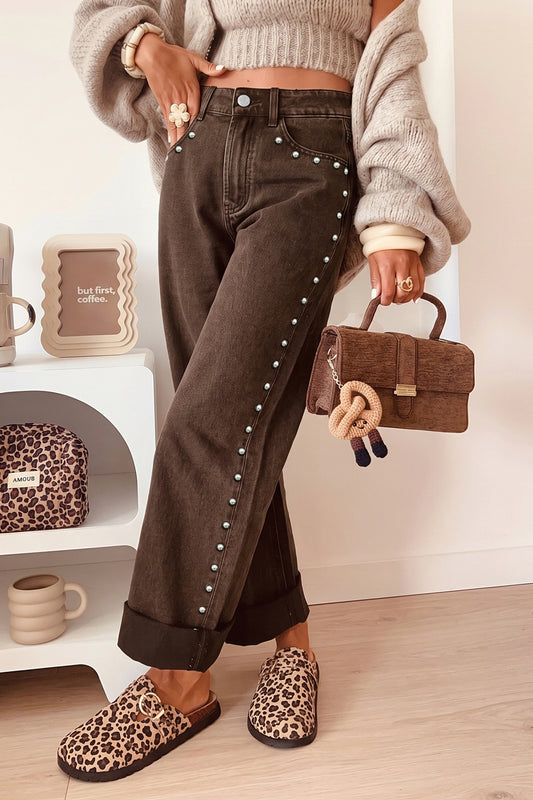 Coffee Studded Detail Straight Leg Casual Loose Jeans-Bottoms/Jeans-[Adult]-[Female]-Coffee-4-2022 Online Blue Zone Planet