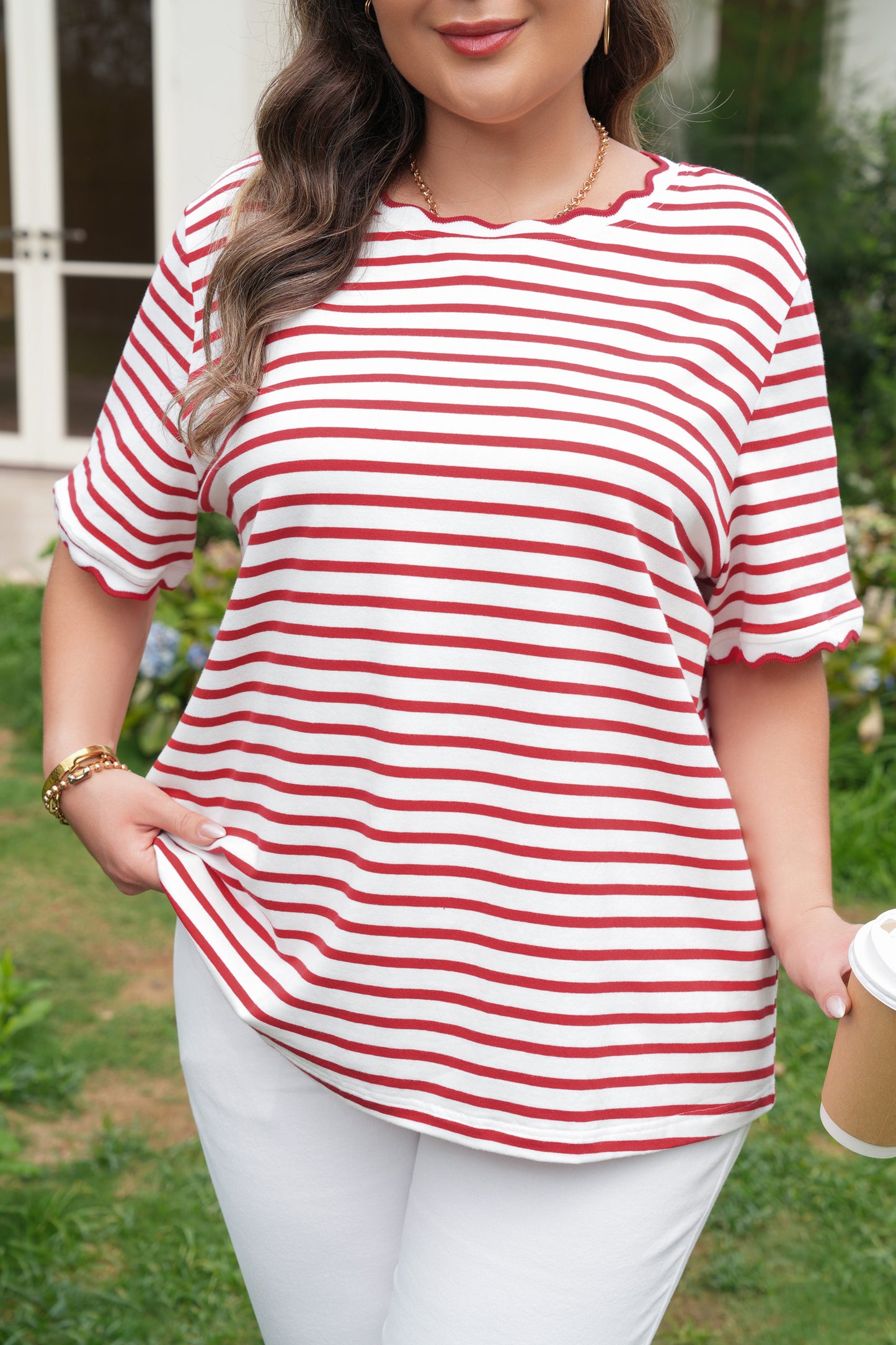 Red Stripe Plus Size Scalloped Trim Round Neck Short Sleeve Top-Plus Size/Plus Size Tops/Plus Size Tops & Tees-[Adult]-[Female]-2022 Online Blue Zone Planet