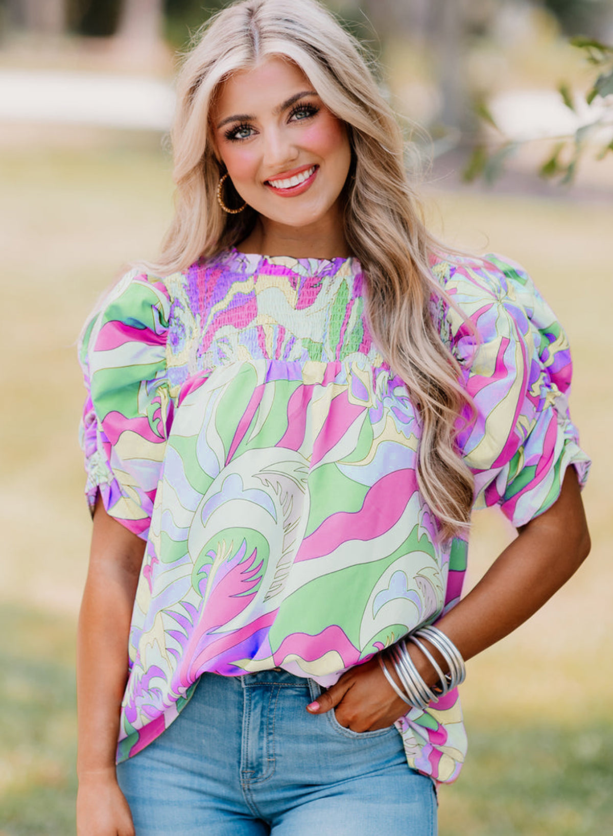 Green Abstract Print Bubble Sleeve Smock Detail Blouse-Tops/Blouses & Shirts-[Adult]-[Female]-2022 Online Blue Zone Planet