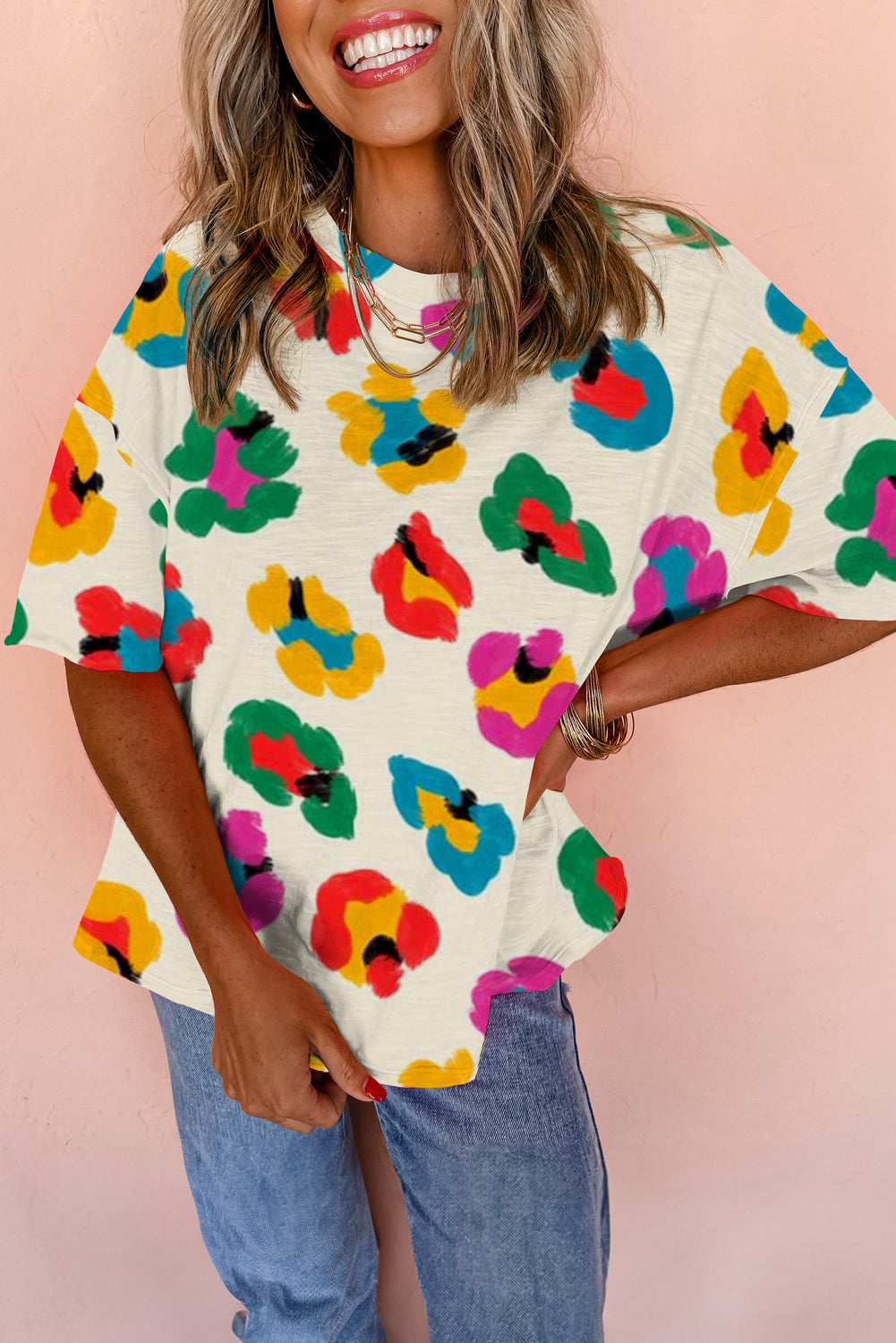 Green Leopard Drop Shoulder Oversize Tee-Tops/Tops & Tees-[Adult]-[Female]-Apricot-S-2022 Online Blue Zone Planet