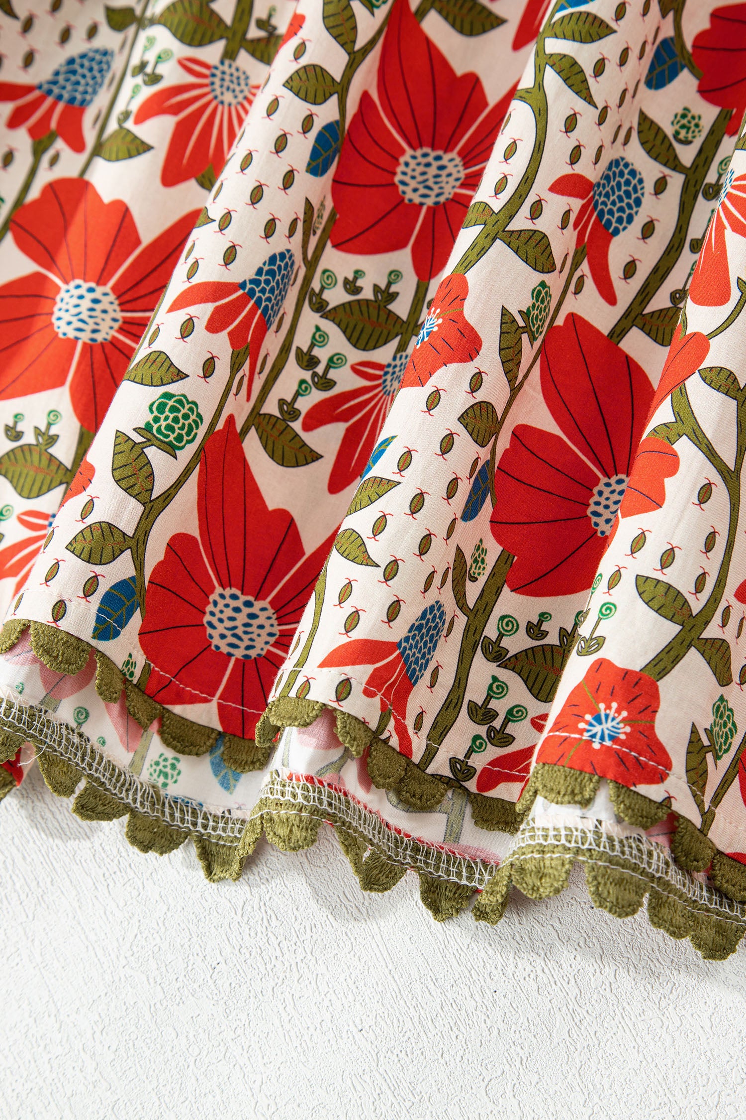 Red Floral Print Ricrac Trim V Neck 3/4 Sleeve Loose Mini Dress-TOPS / DRESSES-[Adult]-[Female]-2022 Online Blue Zone Planet