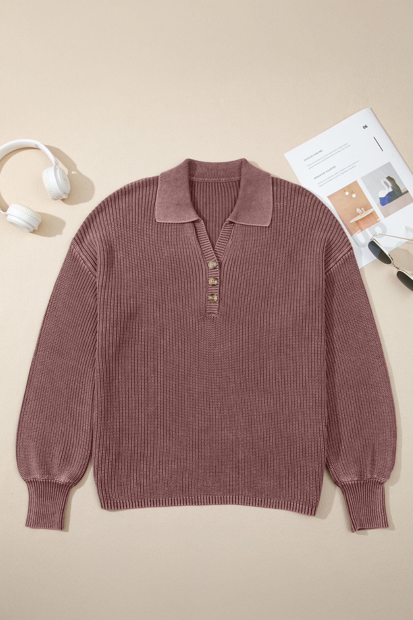 Dark Brown Mineral Washed Knit Button Polo Collar Loose Sweater-TOPS / DRESSES-[Adult]-[Female]-2022 Online Blue Zone Planet