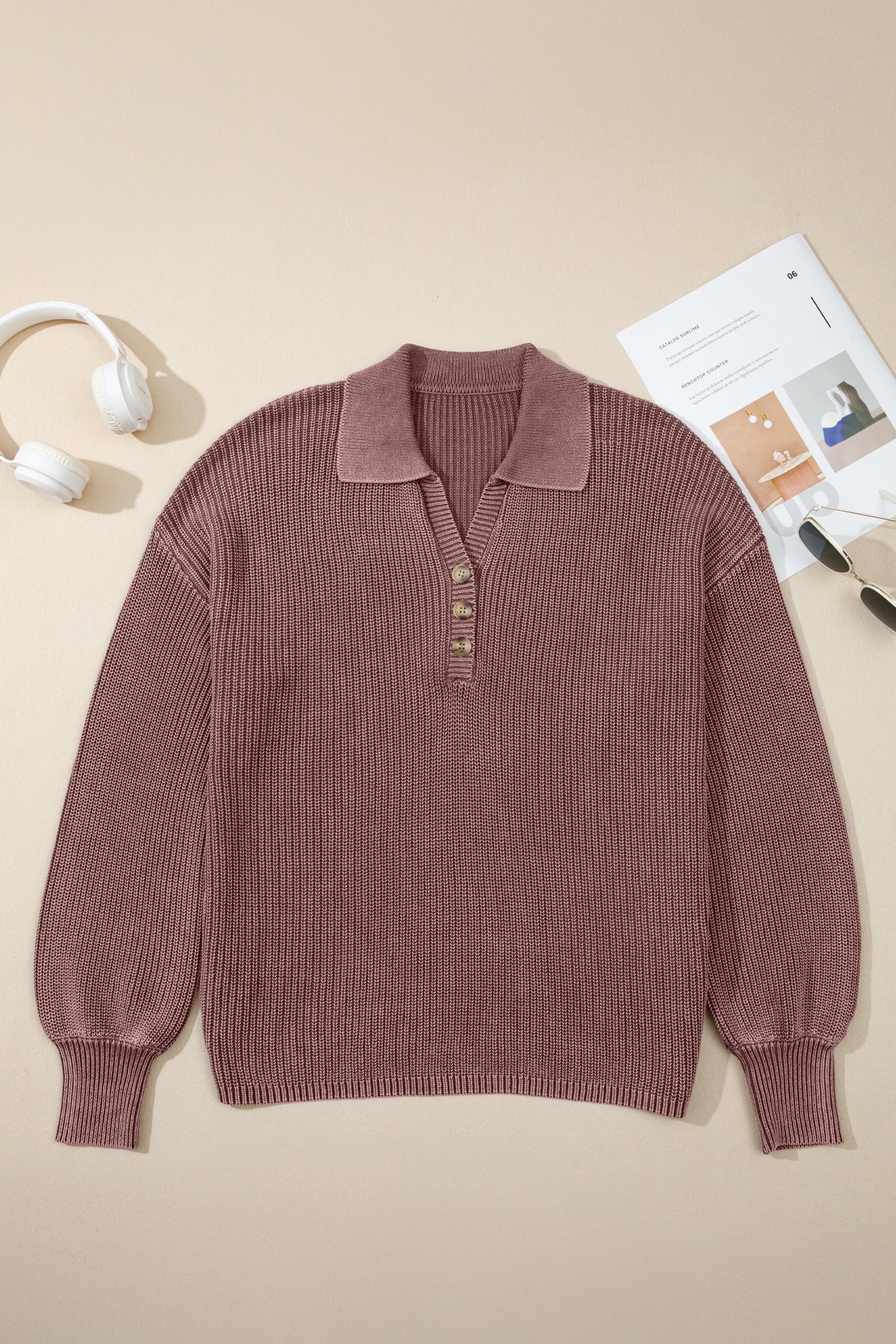 Dark Brown Mineral Washed Knit Button Polo Collar Loose Sweater-TOPS / DRESSES-[Adult]-[Female]-2022 Online Blue Zone Planet