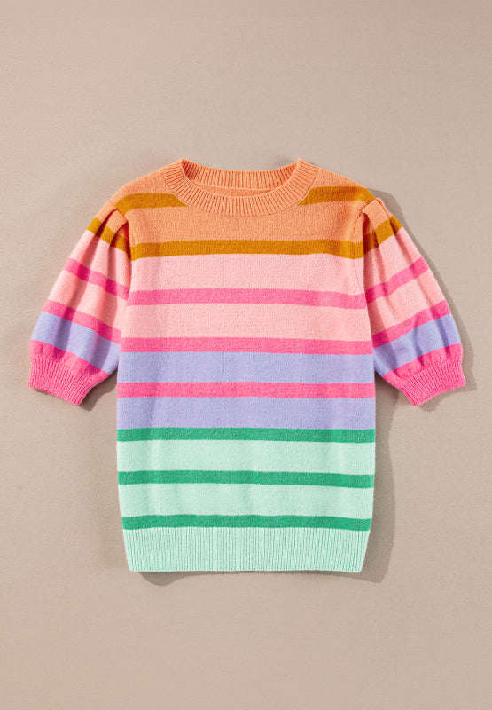 Striped Round Neck Half Sleeve Sweater-TOPS / DRESSES-[Adult]-[Female]-2022 Online Blue Zone Planet