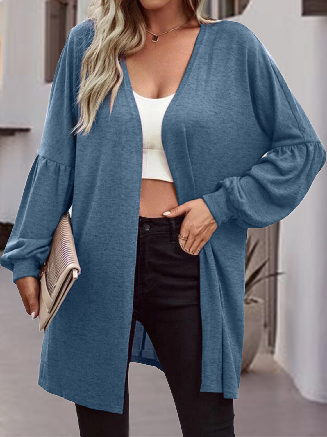 Open Front Long Sleeve Cardigan-TOPS / DRESSES-[Adult]-[Female]-Dusty Blue-S-2022 Online Blue Zone Planet