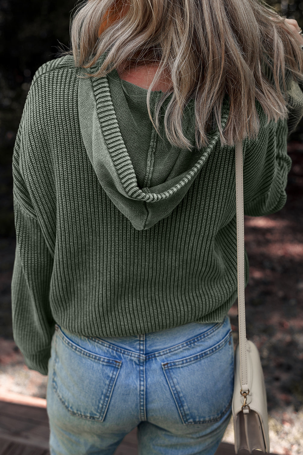 Mist Green Mineral Wash Ribbed Knit Button Drawstring Neck Hooded Sweater-Sweaters & Cardigans/Sweaters-[Adult]-[Female]-2022 Online Blue Zone Planet