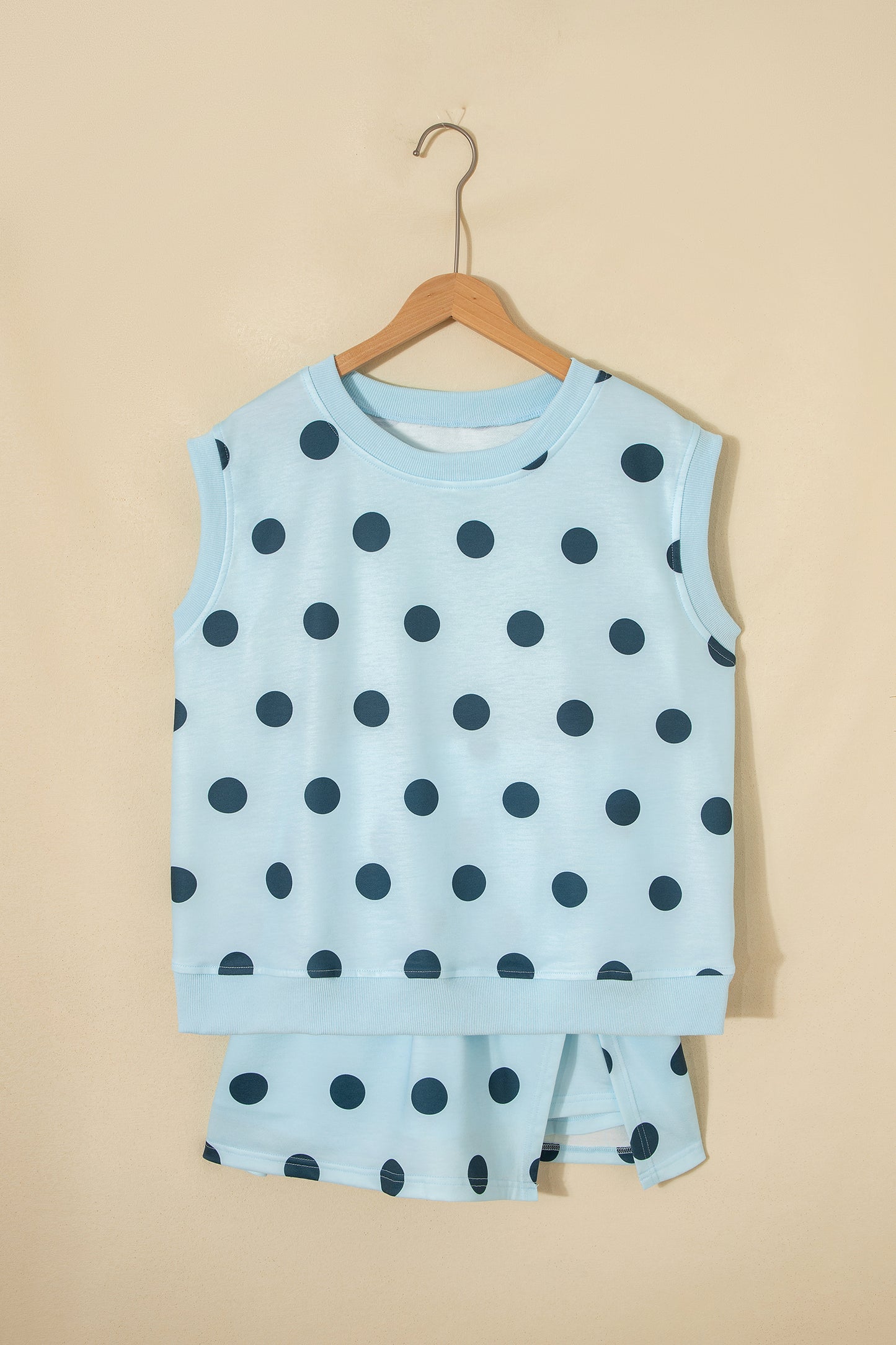 Sky Blue Ribbed Trim Polka Dot Print Tank Split Mini Skort 2pcs Set-Two Piece Sets/Two Piece Dresses-[Adult]-[Female]-2022 Online Blue Zone Planet