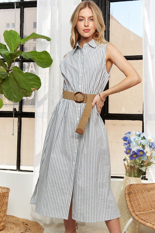 ADORA Striped Button Down Sleeveless Midi Dress-TOPS / DRESSES-[Adult]-[Female]-Air Force Blue-S-2022 Online Blue Zone Planet