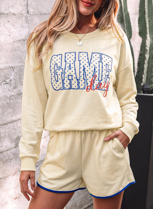 Beige Game Day Crewneck Long Sleeve Pullover Athleisure Short Sets-Two Piece Sets/Short Sets-[Adult]-[Female]-Beige-S-2022 Online Blue Zone Planet