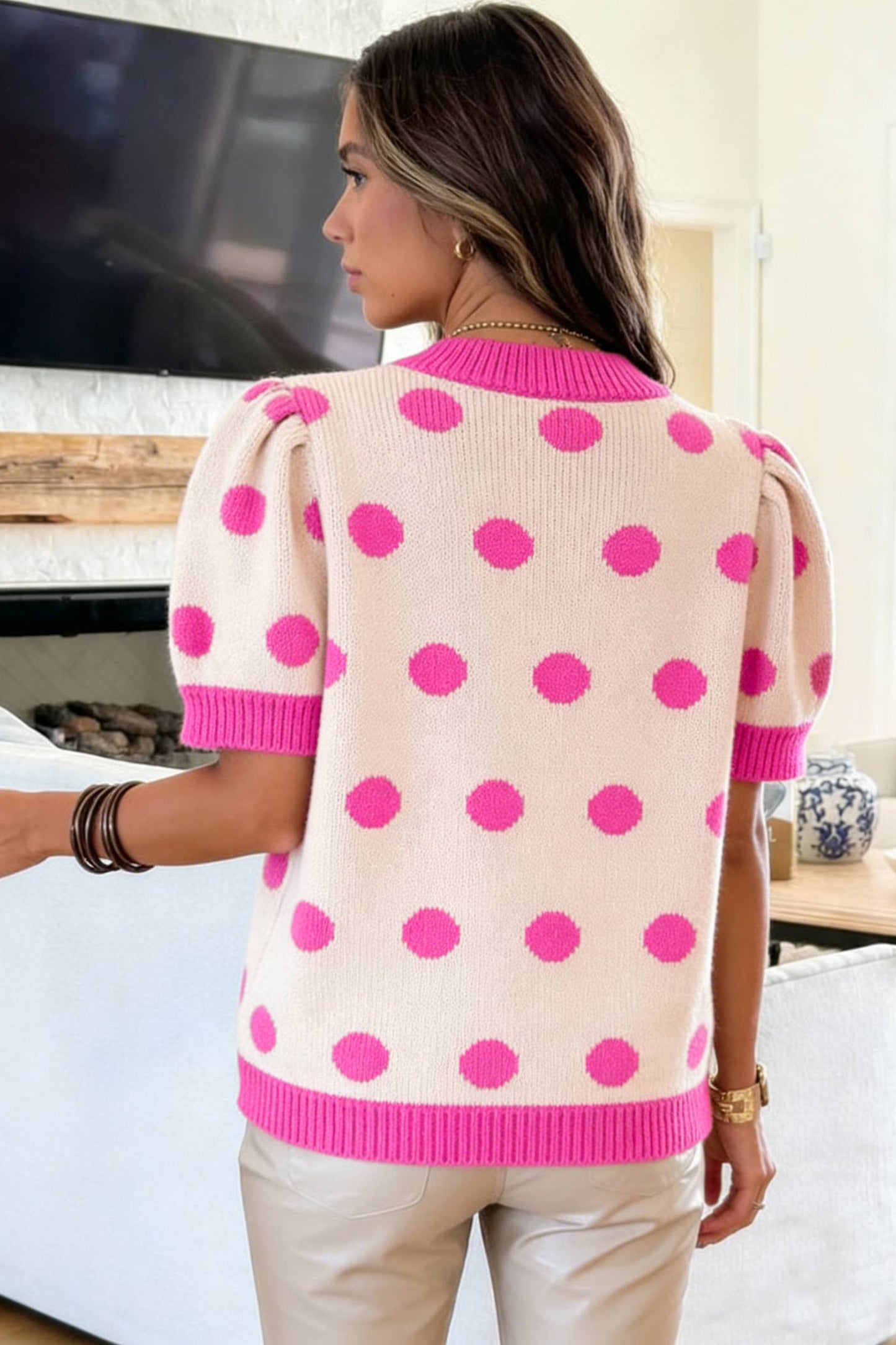 Rose Red Polka Dot Puff Short Sleeve Sweater Top-Sweaters & Cardigans/Short Sleeve Sweaters-[Adult]-[Female]-2022 Online Blue Zone Planet