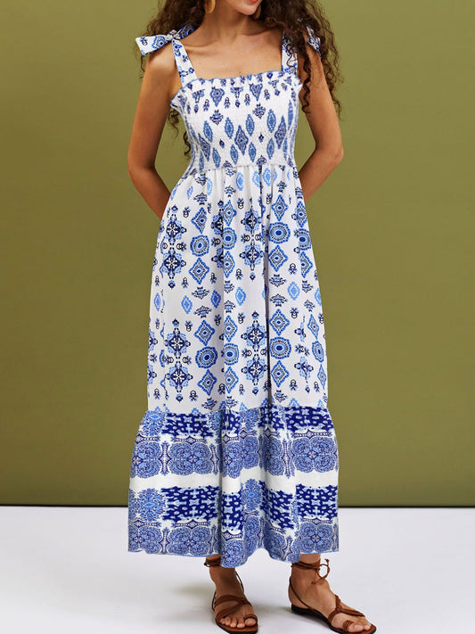 Smocked Printed Square Neck Cami Dress-[Adult]-[Female]-White-S-2022 Online Blue Zone Planet
