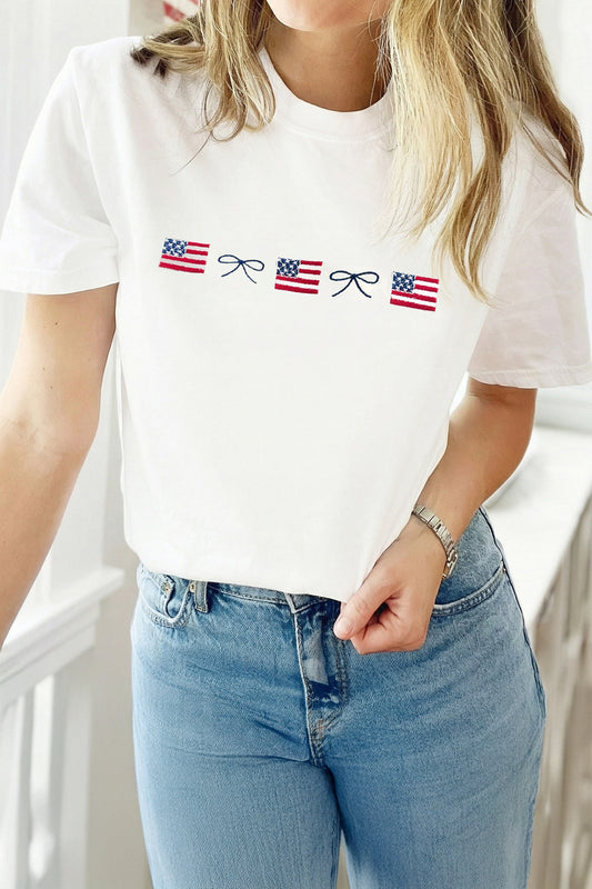 White Embroidered Flag Bow Short Sleeve Casual T-Shirt-Graphic/Graphic Tees-[Adult]-[Female]-White-S-2022 Online Blue Zone Planet