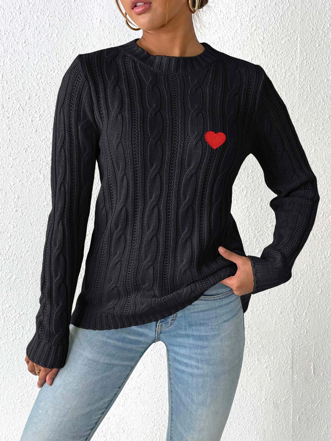 Blue Zone Planet | Cable-Knit Heart Round Neck Long Sleeve Sweater-TOPS / DRESSES-[Adult]-[Female]-Black-S-2022 Online Blue Zone Planet