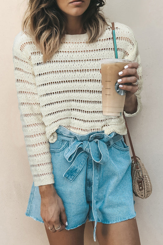 White Hollow Out Knit Round Neck Sweater-Sweaters & Cardigans/Sweaters-[Adult]-[Female]-2022 Online Blue Zone Planet