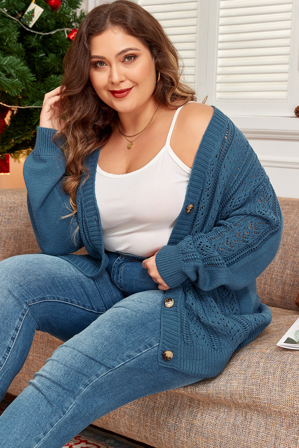 Real Teal Open Knit V Neck Button Front Drop Shoulder Plus Size Cardigan-Plus Size/Plus Size Sweaters & Cardigans-[Adult]-[Female]-2022 Online Blue Zone Planet