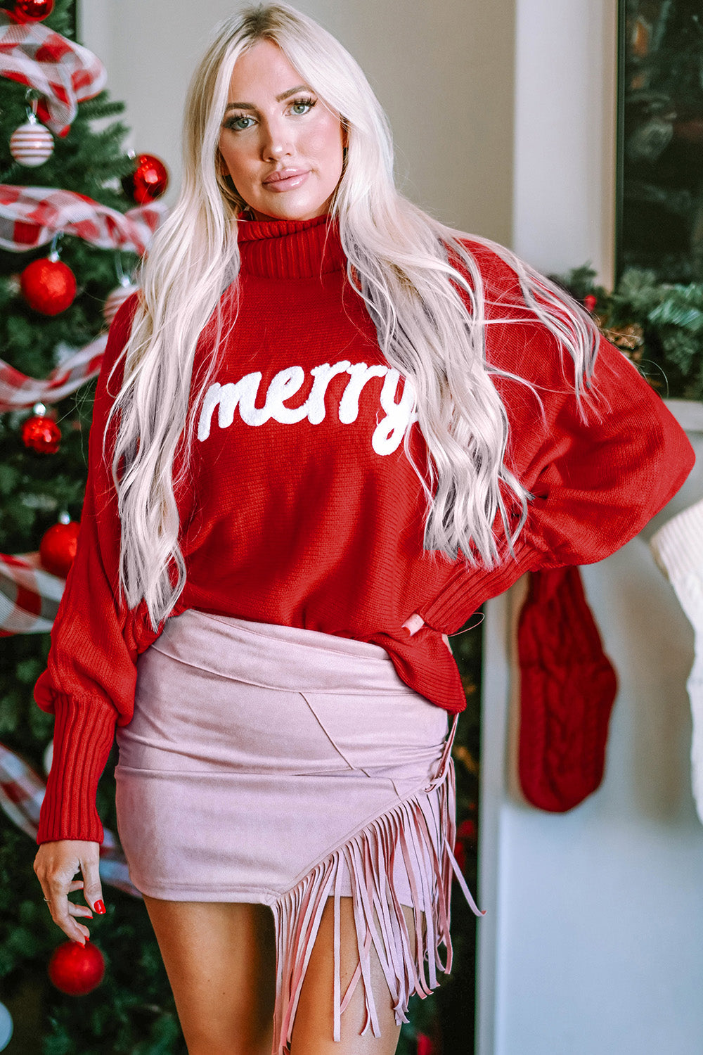 Double Take Full Size Merry Christmas Turtleneck Long Sleeve Sweater-TOPS / DRESSES-[Adult]-[Female]-2022 Online Blue Zone Planet