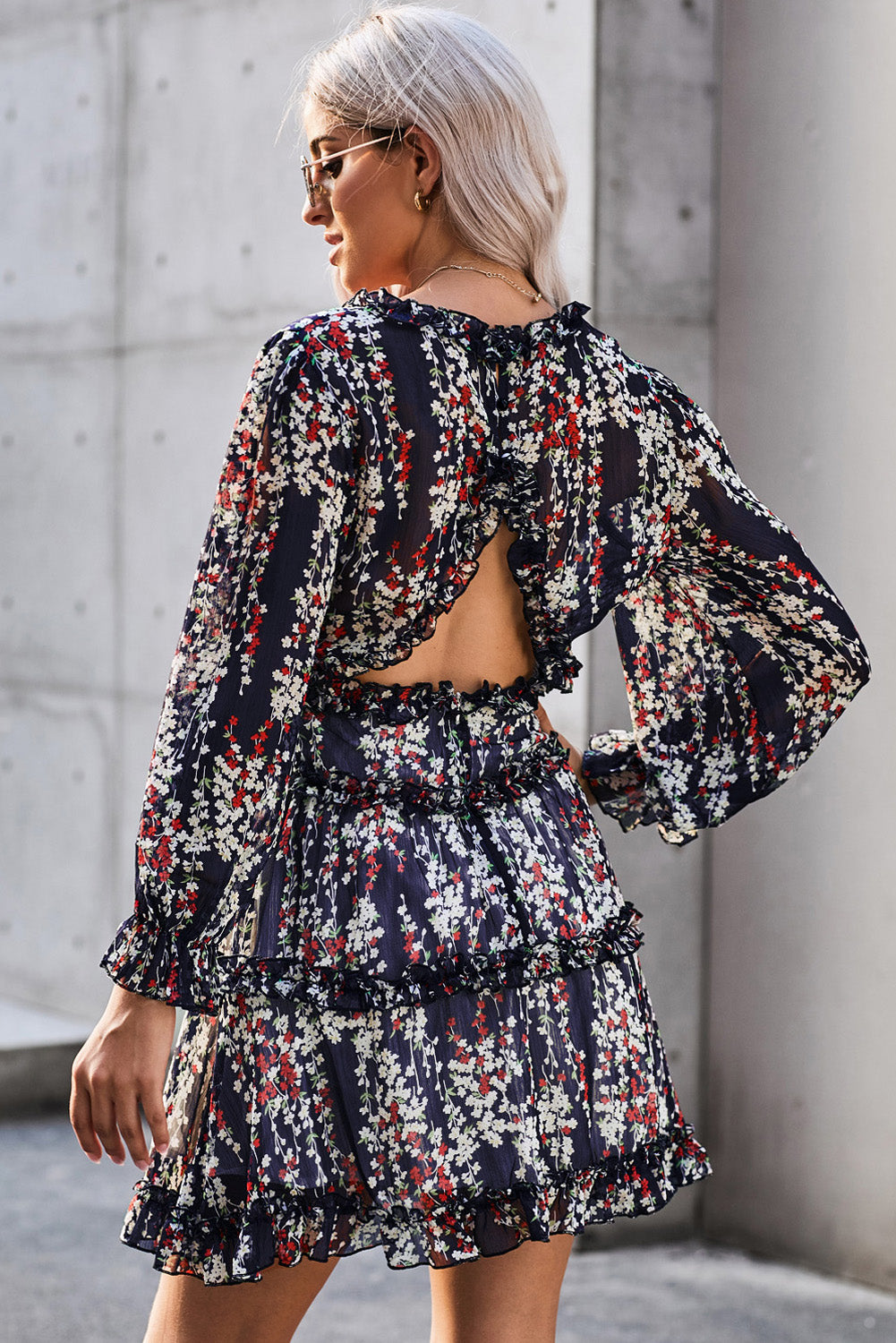 Blue Zone Planet |  Blue Ruffle Detailing Open Back Floral Dress