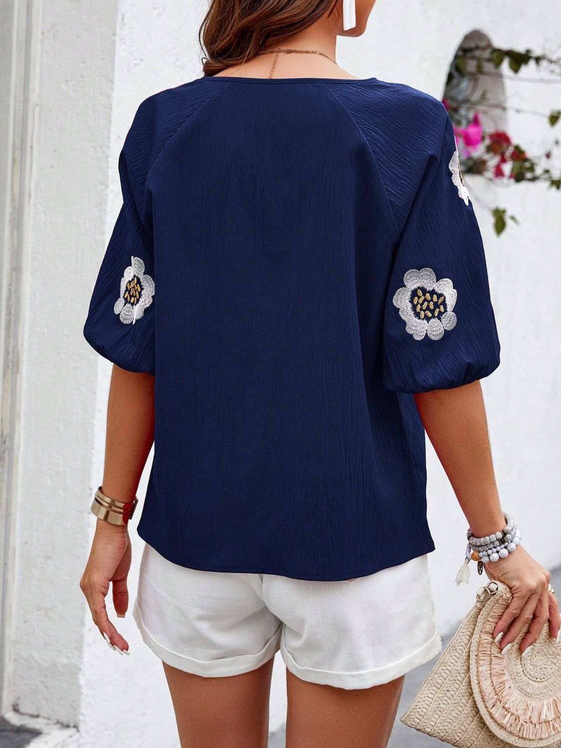 Embroidered Tie Neck Puff Sleeve Blouse-TOPS / DRESSES-[Adult]-[Female]-2022 Online Blue Zone Planet