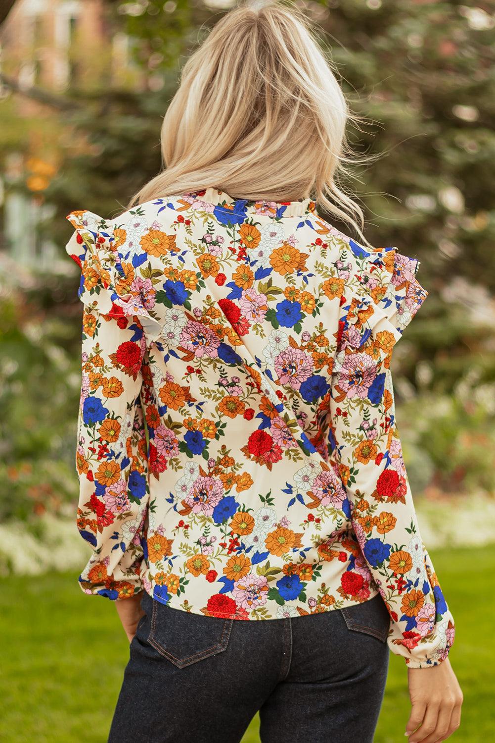 Apricot Ruffled Shoulder Long Sleeve Floral Blouse-Tops/Blouses & Shirts-[Adult]-[Female]-2022 Online Blue Zone Planet
