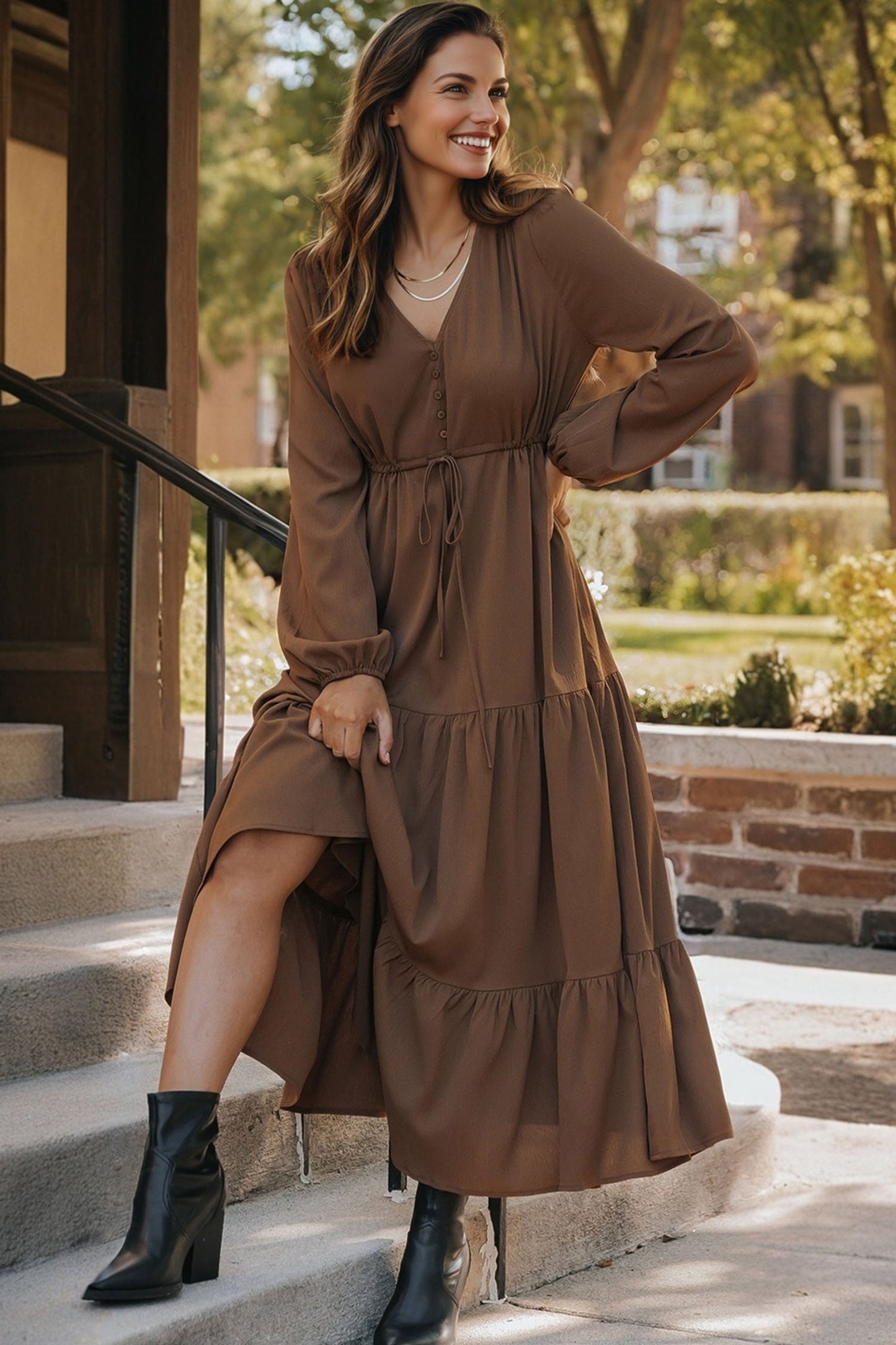 Chestnut Solid Long Sleeve Button V Neck Tiered Maxi Dress-Dresses/Maxi Dresses-[Adult]-[Female]-2022 Online Blue Zone Planet