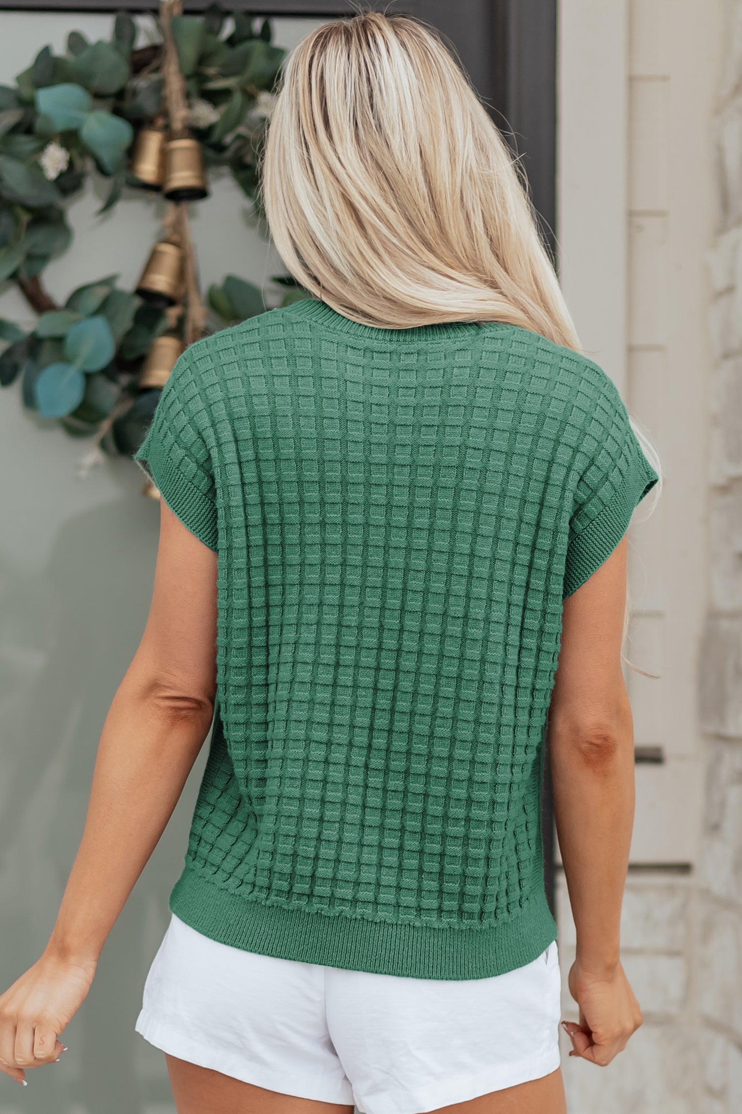 Mist Green Solid Color Round Neck Textured Short Sleeve Sweater-TOPS / DRESSES-[Adult]-[Female]-2022 Online Blue Zone Planet