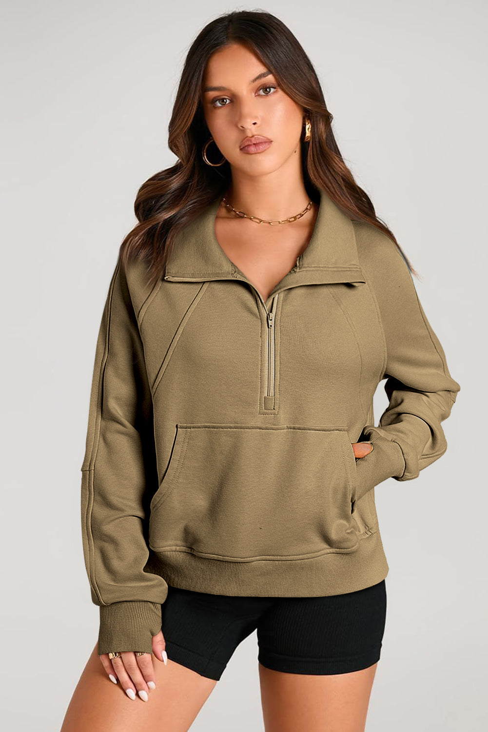 Brown Quarter Zip Stand Neck Kangaroo Pocket Sweatshirt-Tops/Sweatshirts & Hoodies-[Adult]-[Female]-2022 Online Blue Zone Planet