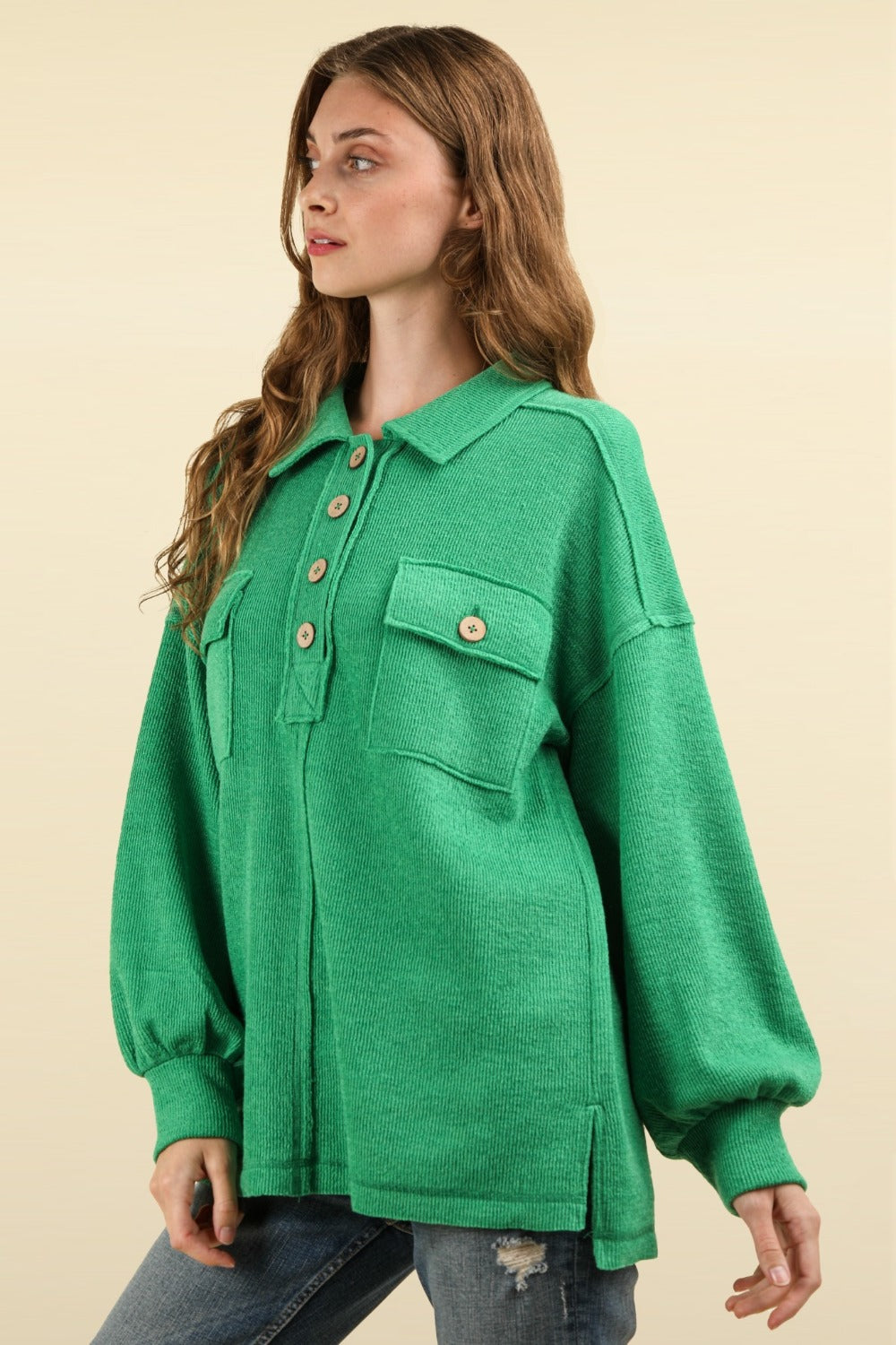 VERY J Collared Half Button Knit Top with Pockets-TOPS / DRESSES-[Adult]-[Female]-2022 Online Blue Zone Planet