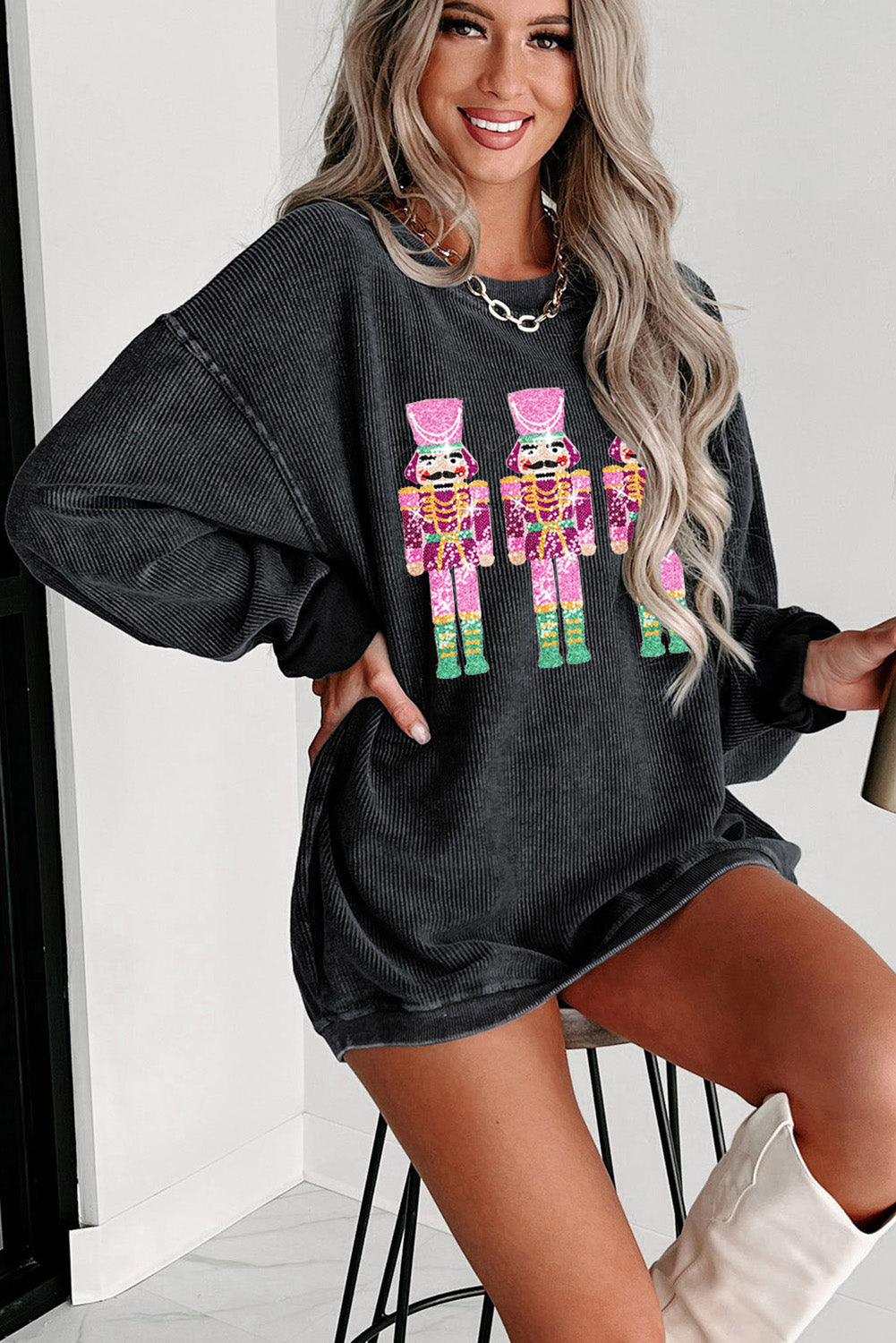 Black Christmas Sequined Nutcrackers Mineral Wash Corded Sweatshirt-Graphic/Graphic Sweatshirts-[Adult]-[Female]-2022 Online Blue Zone Planet