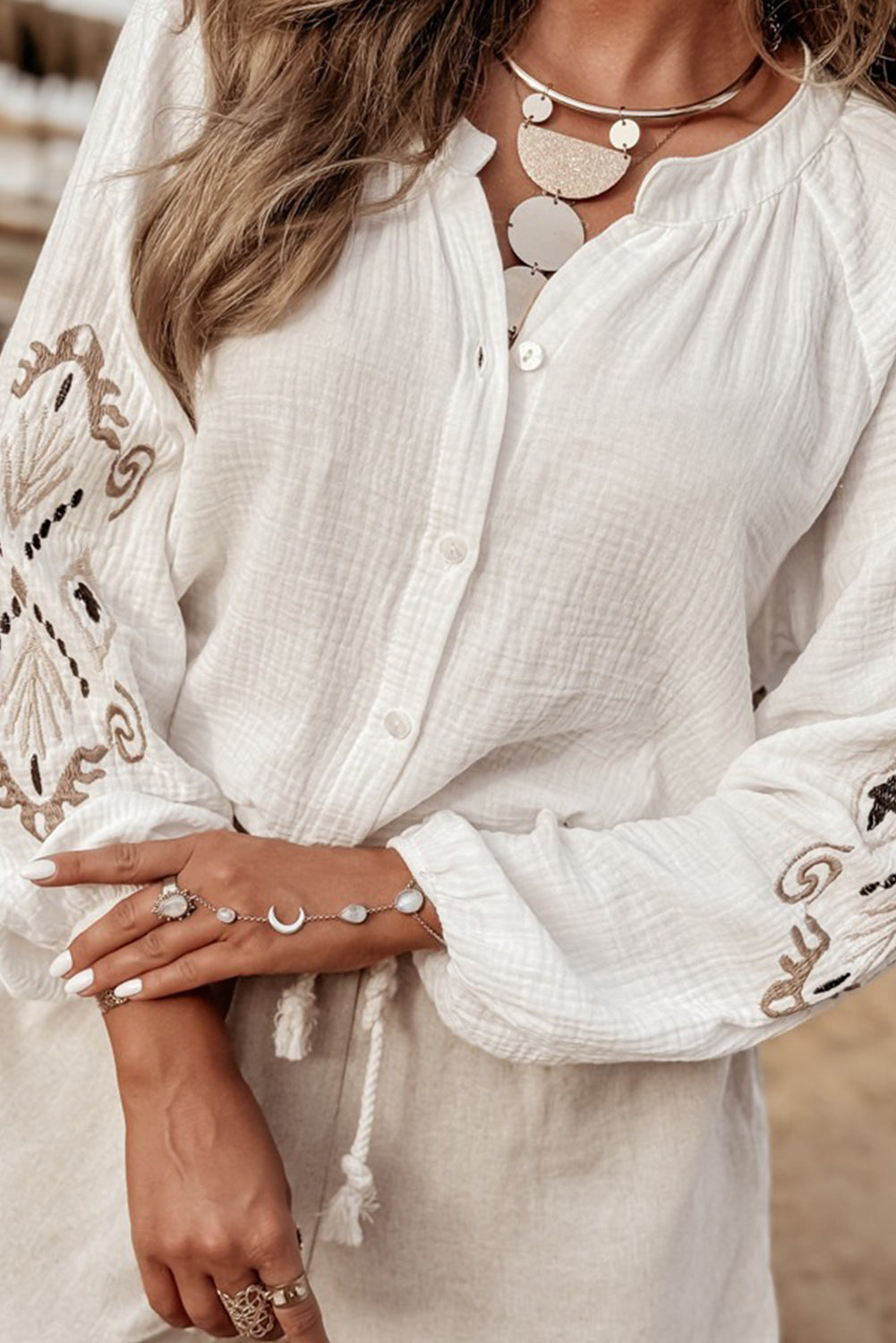 White Embroidered Textured Buttoned Crew Neck Shirt-Tops/Blouses & Shirts-[Adult]-[Female]-2022 Online Blue Zone Planet