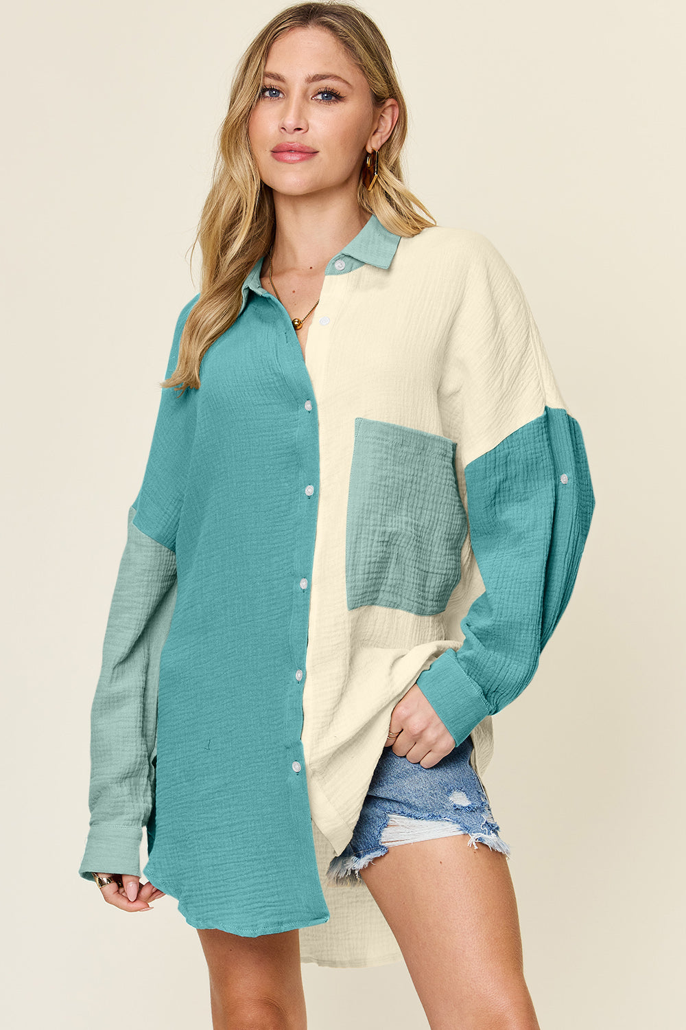 Double Take Full Size Pocketed Texture Button Up Shirt-TOPS / DRESSES-[Adult]-[Female]-Teal-S-2022 Online Blue Zone Planet