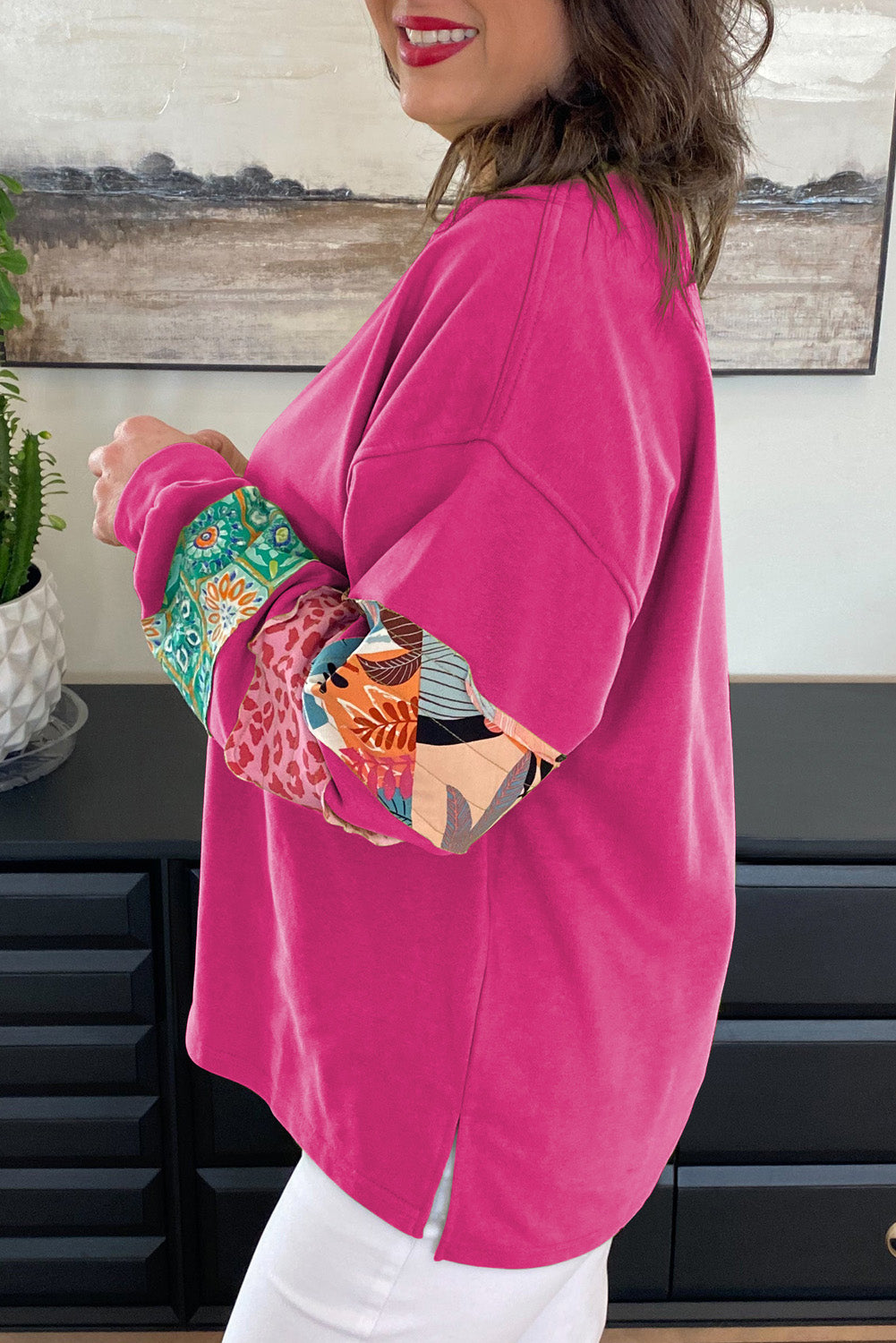 Blue Zone Planet | Rose Red Plus Size Printed Patchwork Sleeve Split Sweatshirt-Plus Size/Plus Size Sweatshirts & Hoodies-[Adult]-[Female]-2022 Online Blue Zone Planet