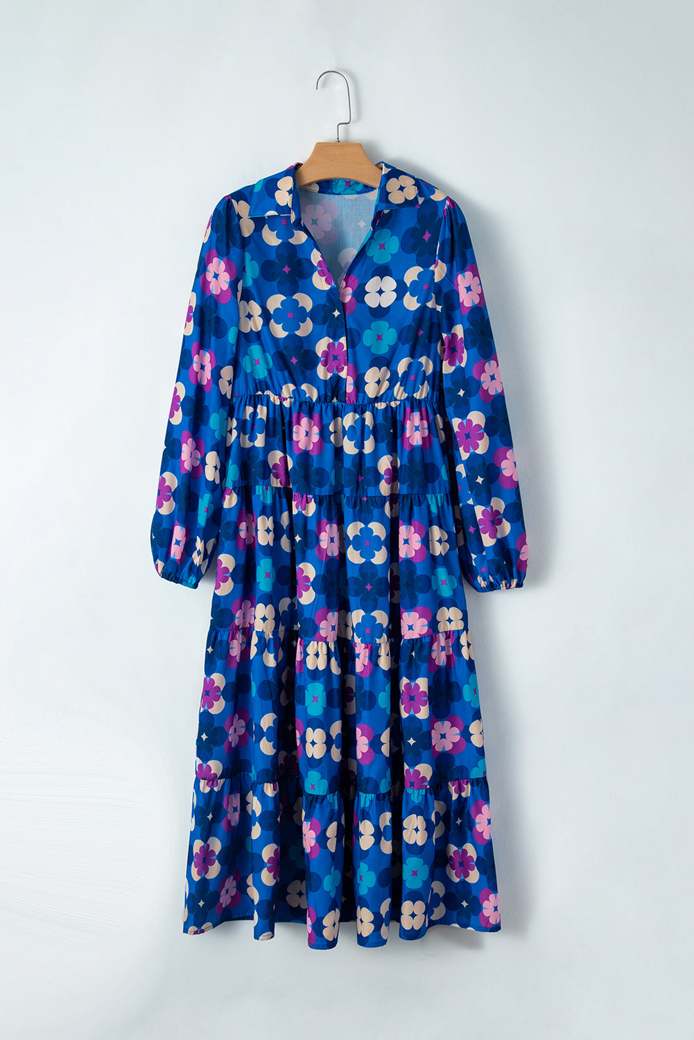 Blue Floral Peasant Sleeve Tiered Ruffle Midi Dress-Dresses/Midi Dresses-[Adult]-[Female]-2022 Online Blue Zone Planet