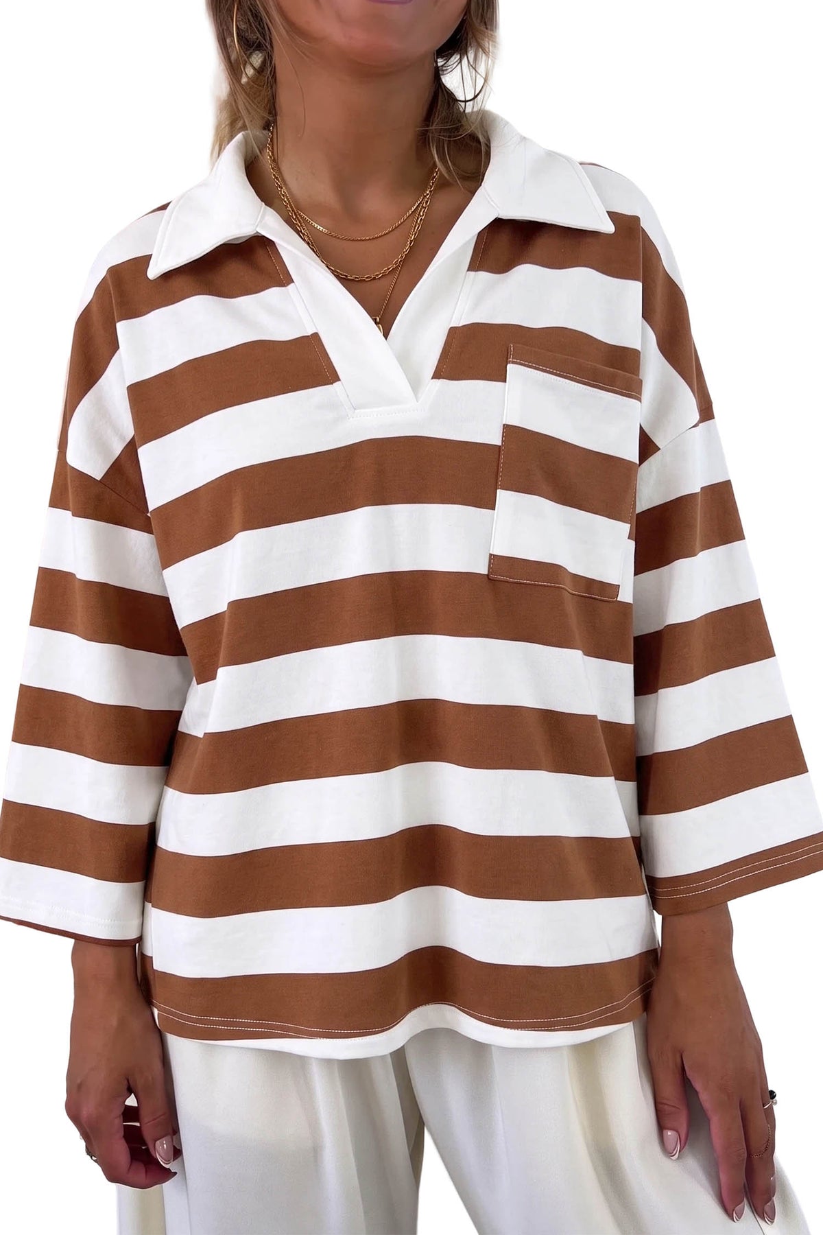 Brown Stripe Contrast Collar 3/4 Sleeve Oversized Casual Top-Tops/Long Sleeve Tops-[Adult]-[Female]-2022 Online Blue Zone Planet