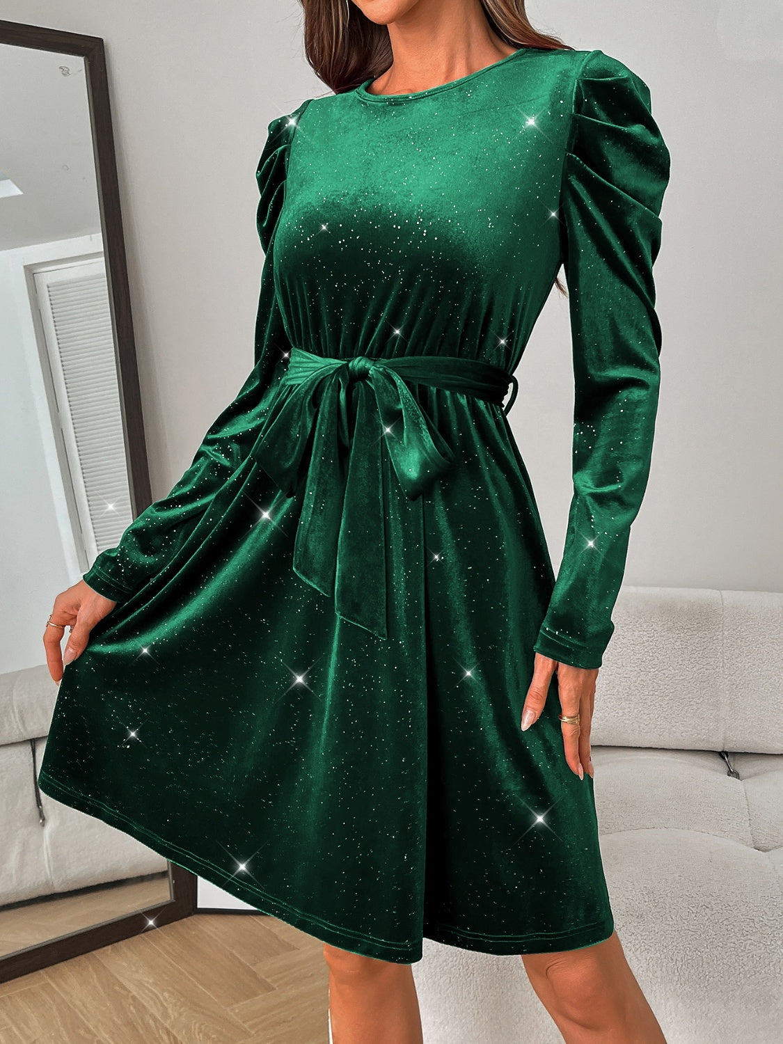 Blue Zone | Glitter Round Neck Puff Sleeve Dress - Blue Zone Blue Zone Planet Blue Zone | Glitter Round Neck Puff Sleeve Dress - Blue Zone Blue Zone Planet