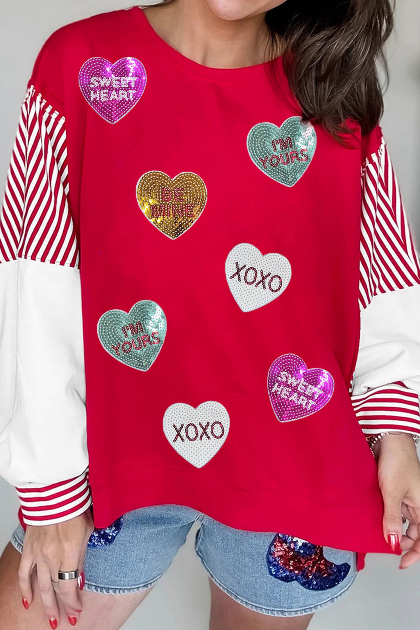 Fiery Red Valentines Day Slogan Sequin Heart Graphic Striped Color Block Patchwork Sweatshirt-Graphic Sweatshirts-[Adult]-[Female]-Fiery Red-L-2022 Online Blue Zone Planet