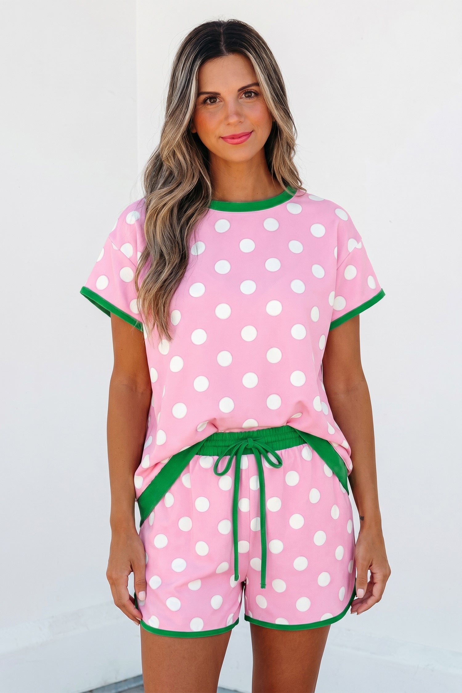 Pink Polka Dot Contrast Edge Casual Short Set-Two Piece Sets/Short Sets-[Adult]-[Female]-2022 Online Blue Zone Planet