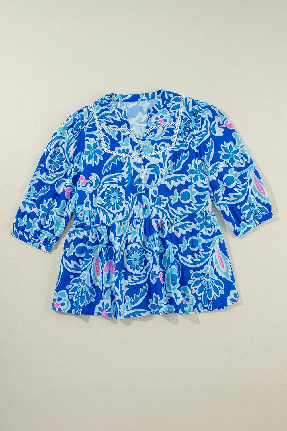 Blue Zone Planet | Printed Notched Three-Quarter Sleeve Blouse-TOPS / DRESSES-[Adult]-[Female]-2022 Online Blue Zone Planet