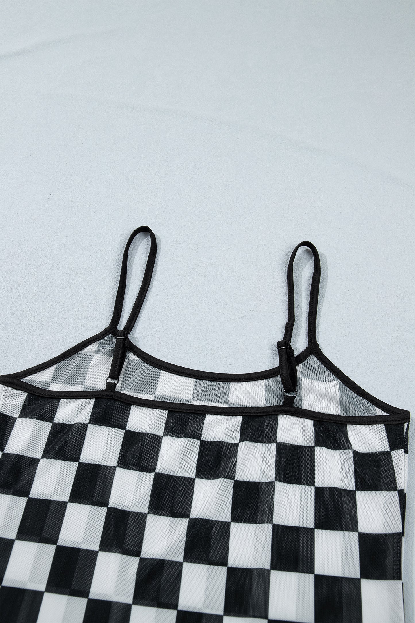 Black Sheer Checkered Print Spaghetti Straps Slim Tank Top-Tops/Tank Tops-[Adult]-[Female]-2022 Online Blue Zone Planet