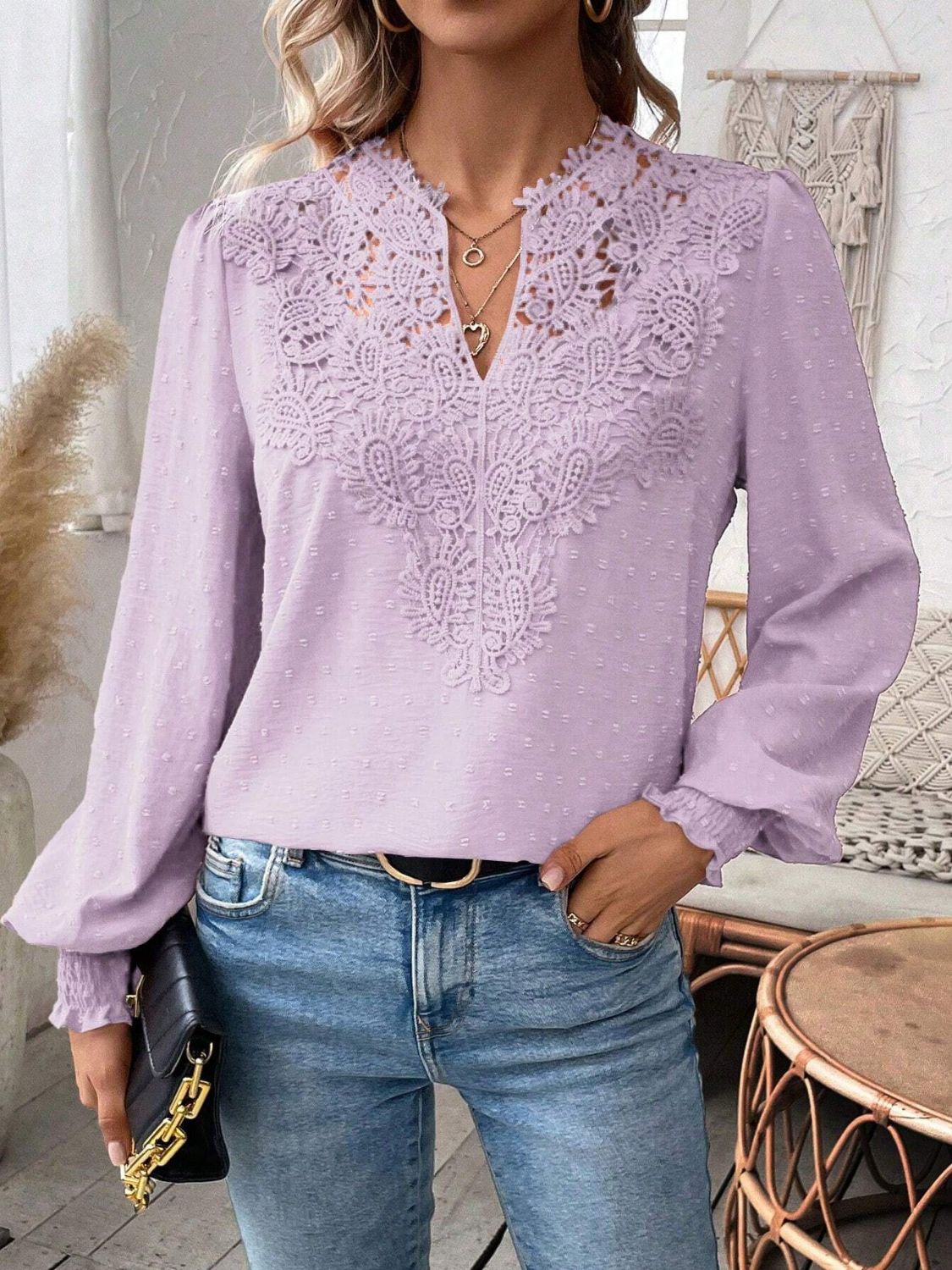 Swiss Dot Lace Detail Notched Long Sleeve Blouse-TOPS / DRESSES-[Adult]-[Female]-2022 Online Blue Zone Planet