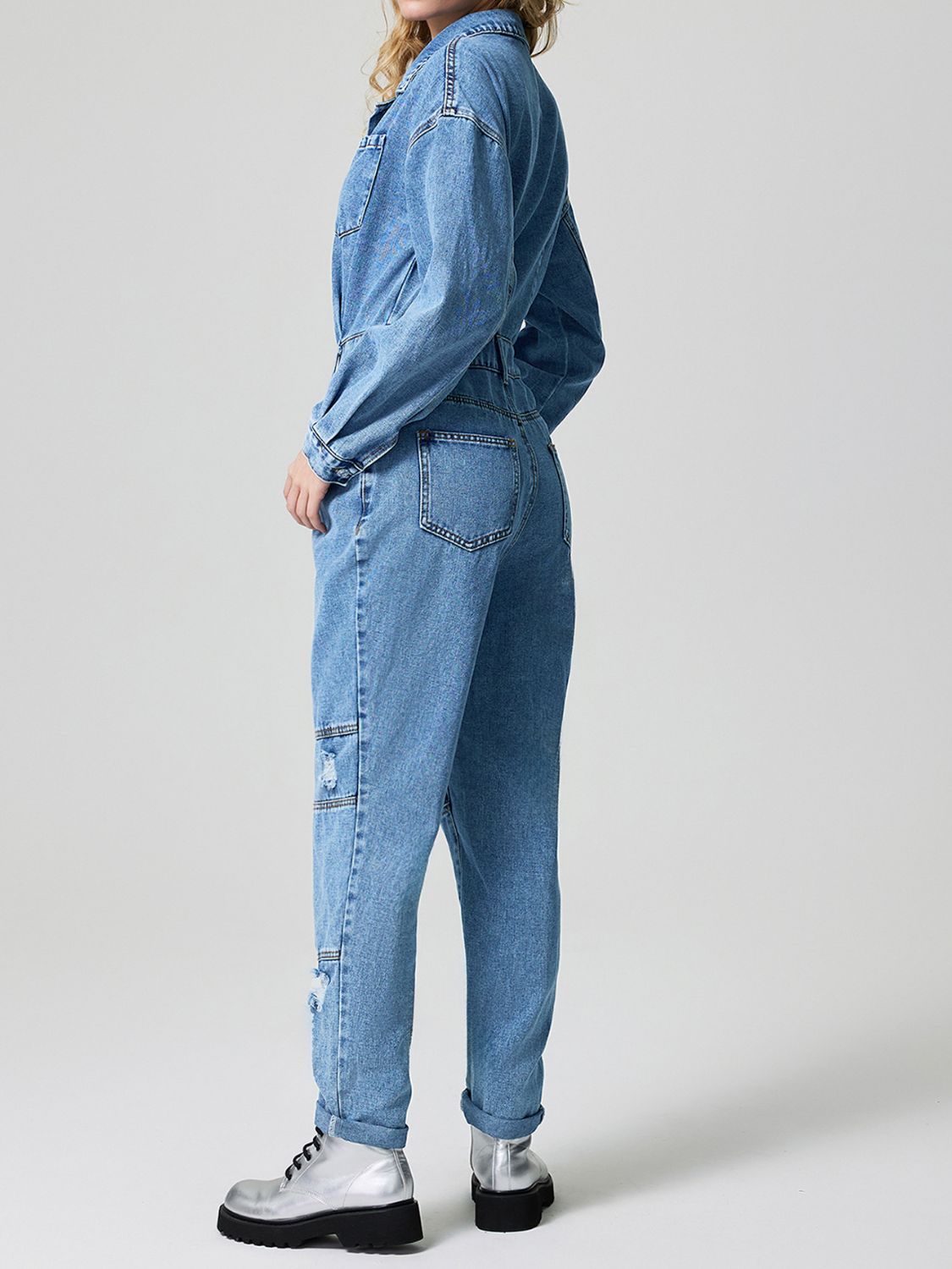 Distressed Button Down Drop Shoulder Denim Jumpsuit-TOPS / DRESSES-[Adult]-[Female]-2022 Online Blue Zone Planet