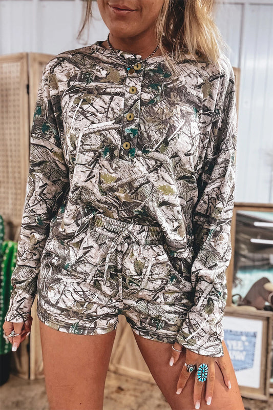 Brown Camo Long Sleeve Top Elastic Waist Shorts Two Piece Set-Two Piece Sets/Short Sets-[Adult]-[Female]-2022 Online Blue Zone Planet