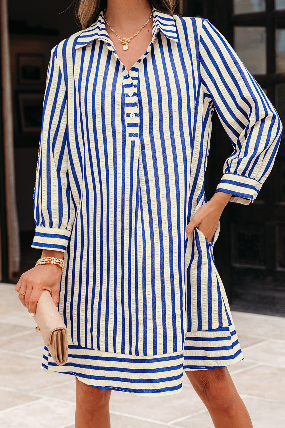Blue Stripe Collared Half Button Side Pockets Loose Fit Mini Dress-Dresses/Mini Dresses-[Adult]-[Female]-2022 Online Blue Zone Planet