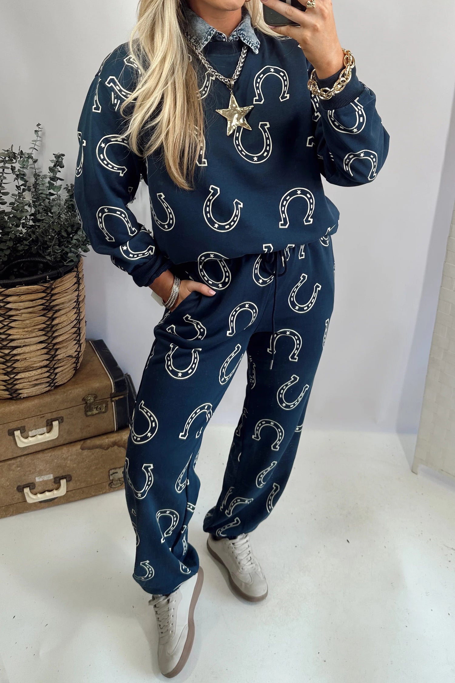 Brown Western Print Elastic Waist Pocket 2pcs Pant Set-Two Piece Sets/Pant Sets-[Adult]-[Female]-Blue-S-2022 Online Blue Zone Planet