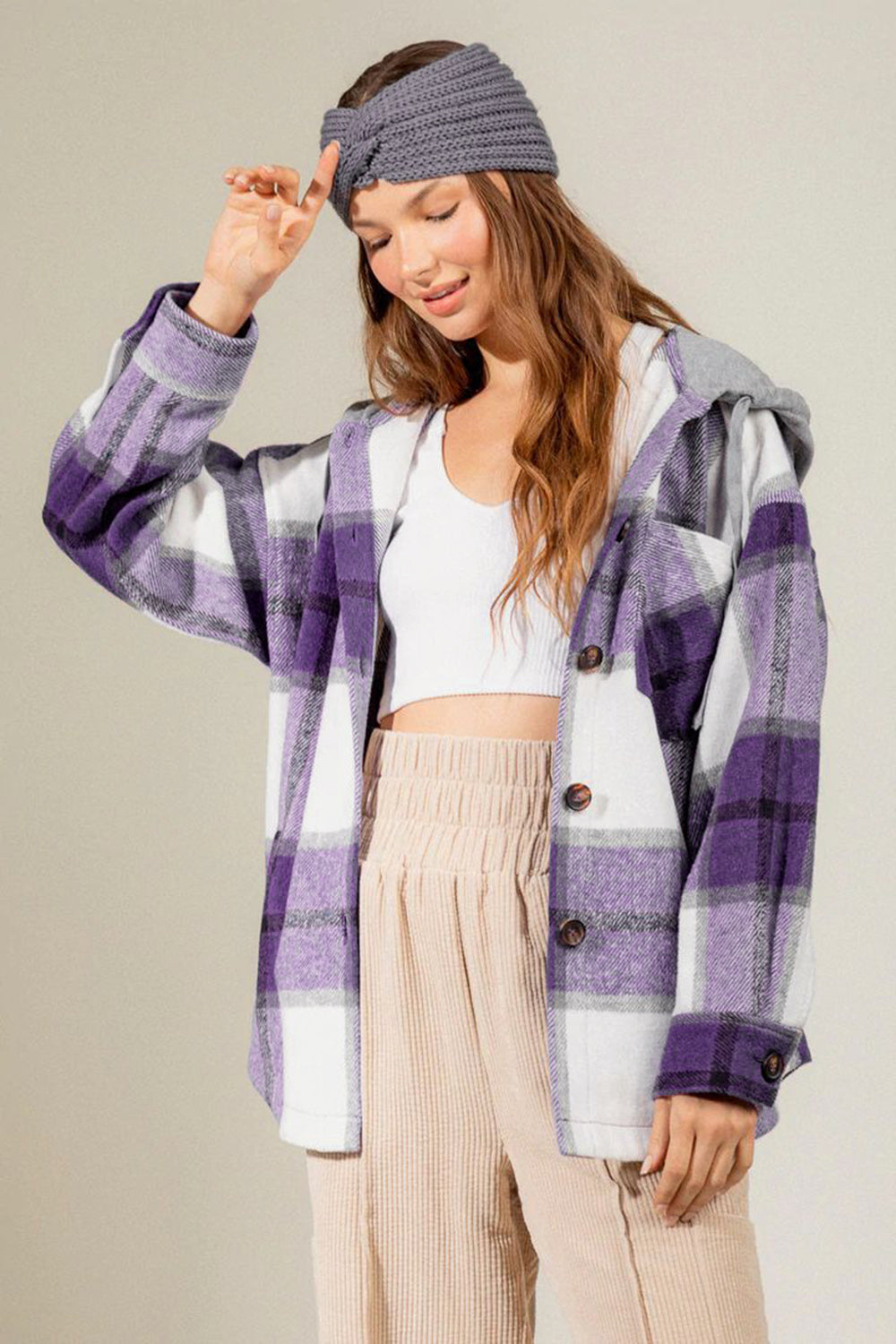 Drawstring Plaid Dropped Shoulder Hooded Shacket-TOPS / DRESSES-[Adult]-[Female]-2022 Online Blue Zone Planet