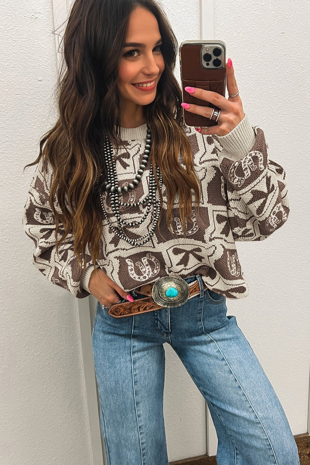 Brown Bows & Horseshoes Pattern Western Fashion Print Sweater-TOPS / DRESSES-[Adult]-[Female]-2022 Online Blue Zone Planet