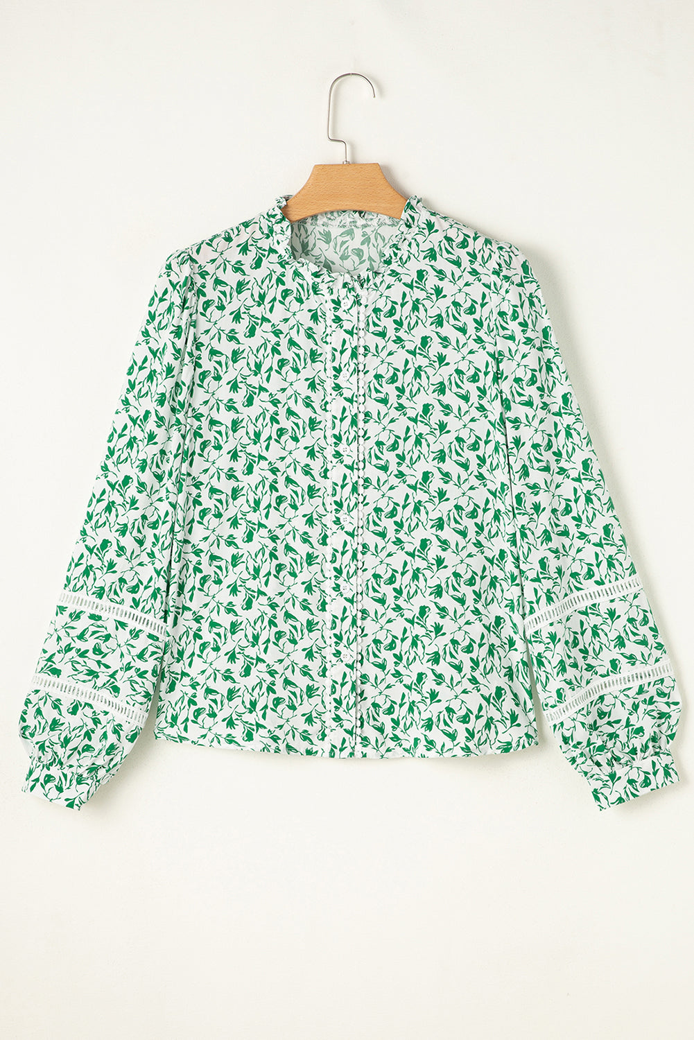 Green Printed Lace Detail Floral Puff Sleeve Fall Shirt-Tops/Blouses & Shirts-[Adult]-[Female]-2022 Online Blue Zone Planet